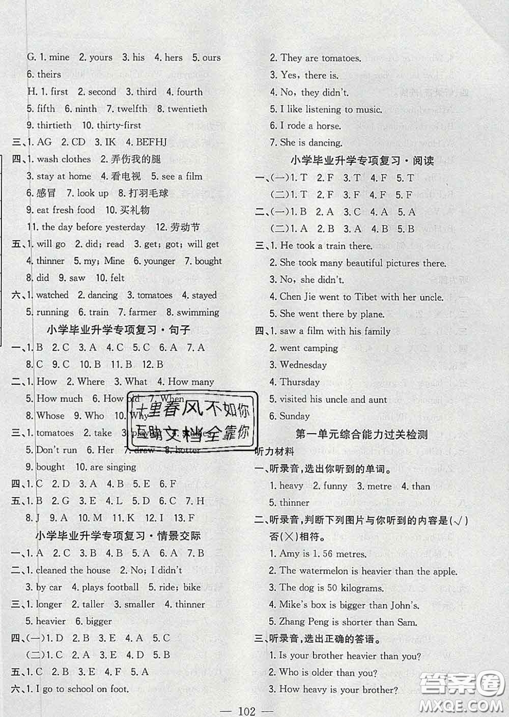 2020新版課時特訓優(yōu)化作業(yè)本六年級英語下冊人教版答案