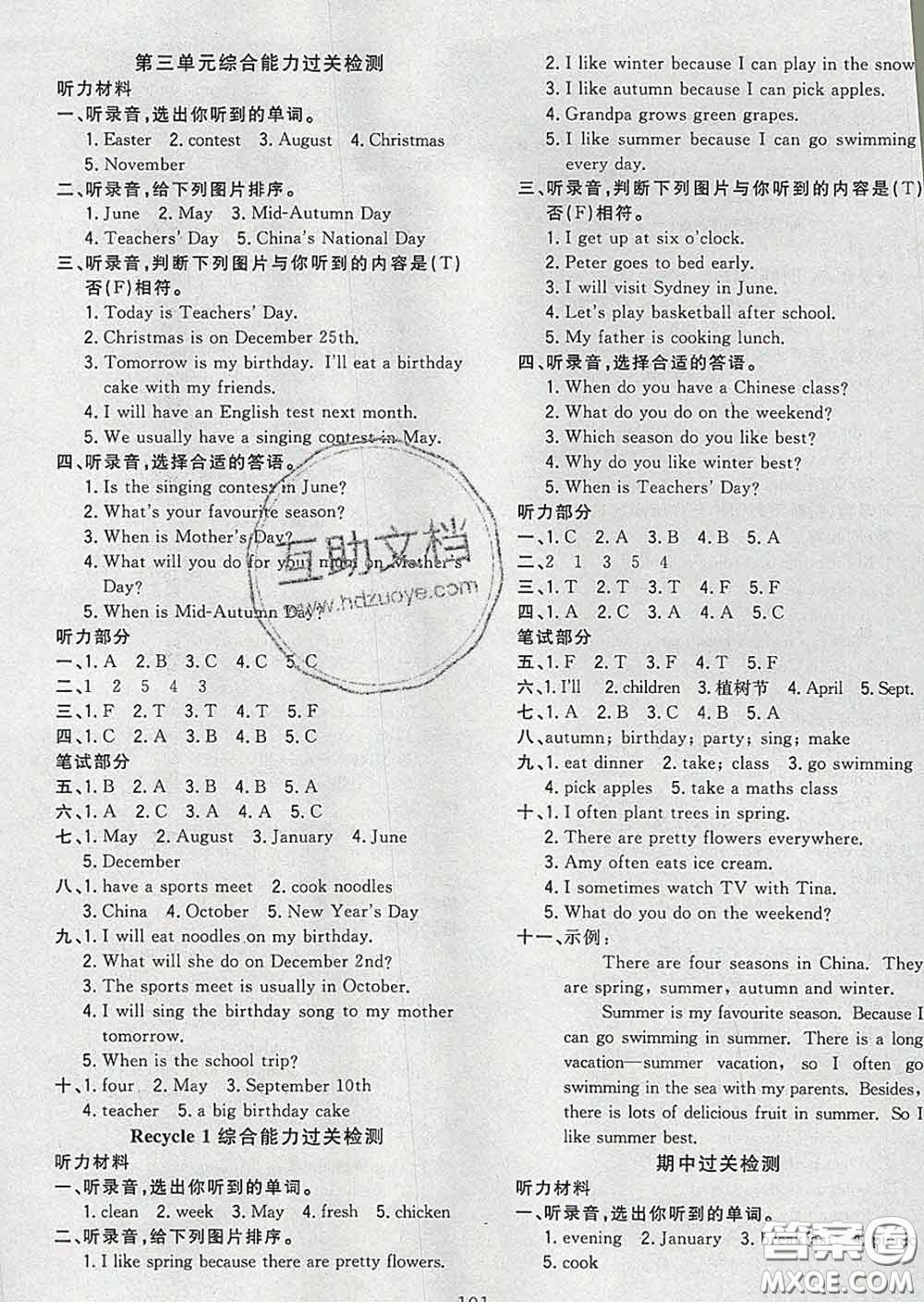 2020新版課時(shí)特訓(xùn)優(yōu)化作業(yè)本五年級英語下冊人教版答案