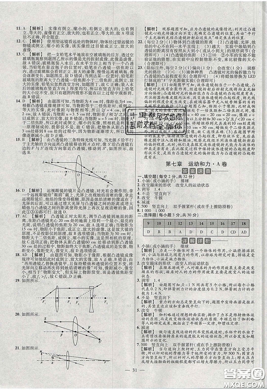 2020年金考卷活頁(yè)題選名師名題單元雙測(cè)八年級(jí)物理下冊(cè)北師大版答案