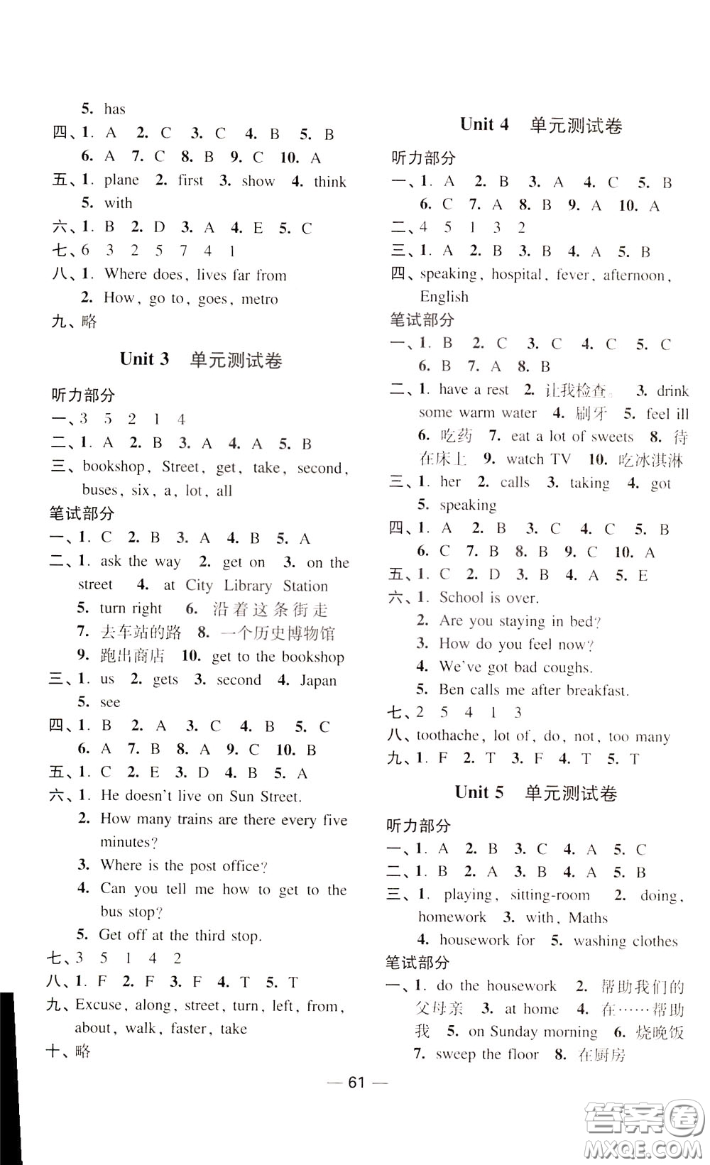 2020年隨堂練1加2課課練單元卷英語五年級(jí)下冊(cè)江蘇版參考答案