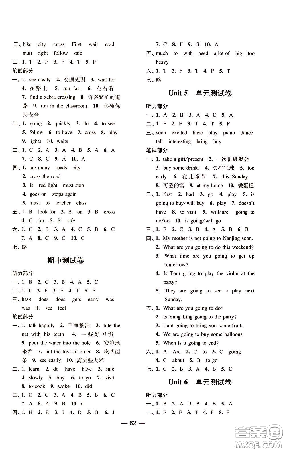 2020年隨堂練1加2課課練單元卷英語六年級(jí)下冊江蘇版參考答案