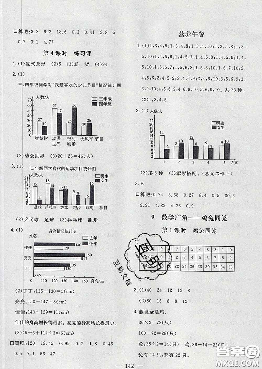 2020新版課時(shí)特訓(xùn)優(yōu)化作業(yè)本四年級(jí)數(shù)學(xué)下冊(cè)人教版答案