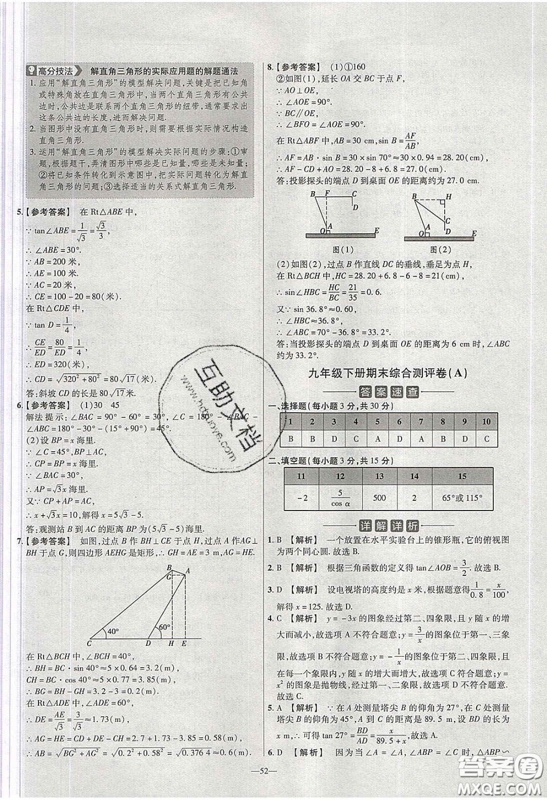 2020年金考卷活頁題選名師名題單元雙測九年級數學下冊人教版答案