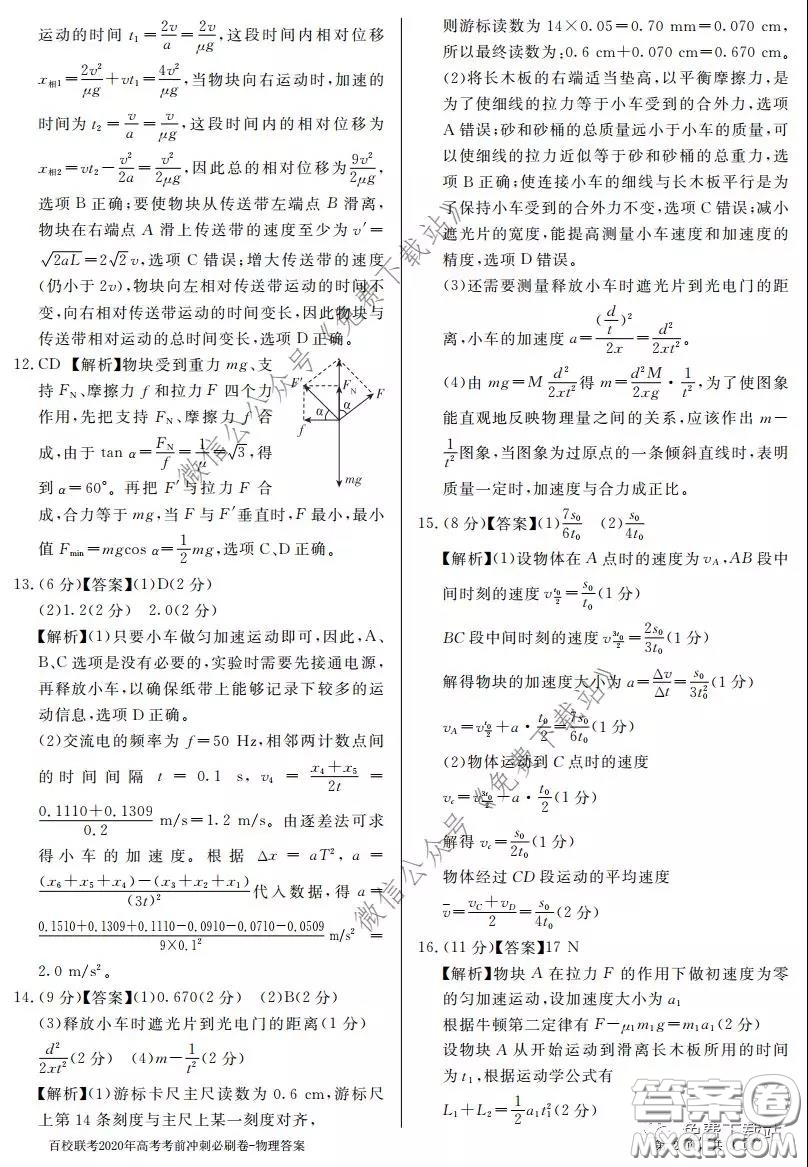 百校聯(lián)考2020年高考考前沖刺必刷卷一物理答案