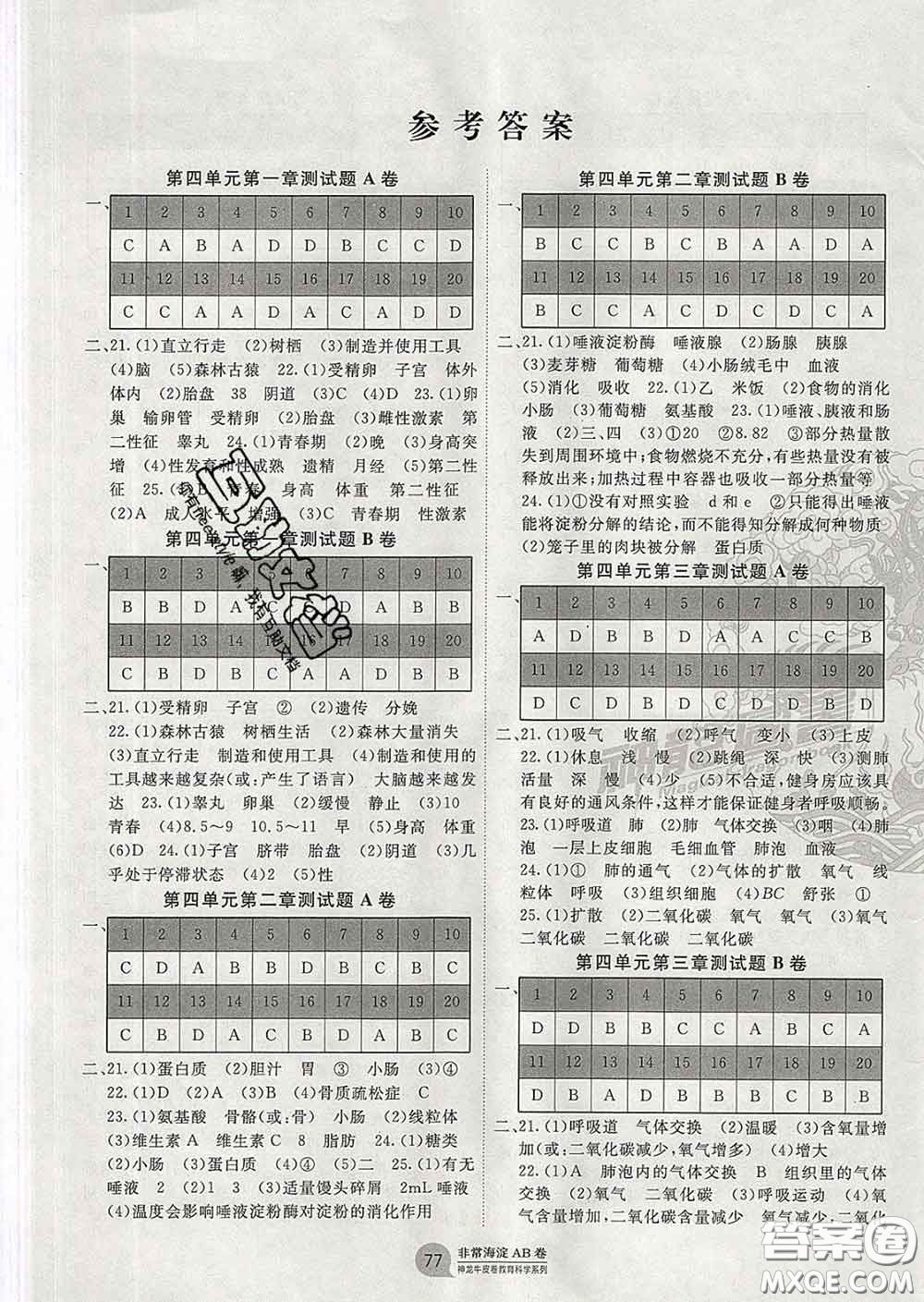 2020新版非常海淀單元測(cè)試AB卷七年級(jí)生物下冊(cè)人教版答案