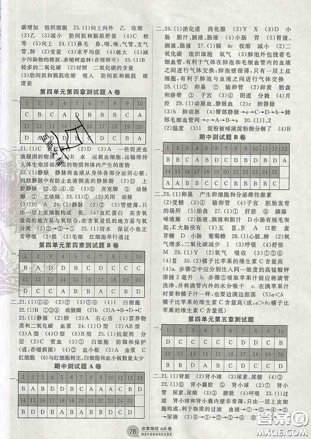 2020新版非常海淀單元測(cè)試AB卷七年級(jí)生物下冊(cè)人教版答案