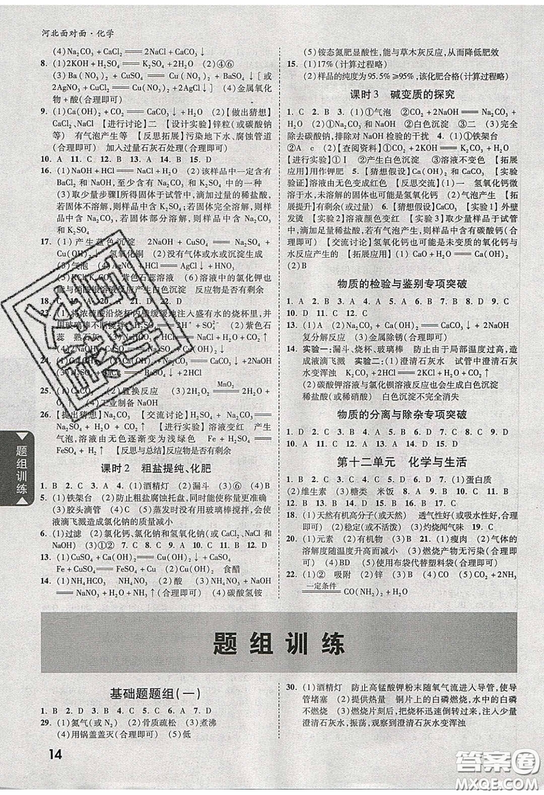 新疆青少年出版社2020年萬維河北中考面對面化學(xué)人教版答案