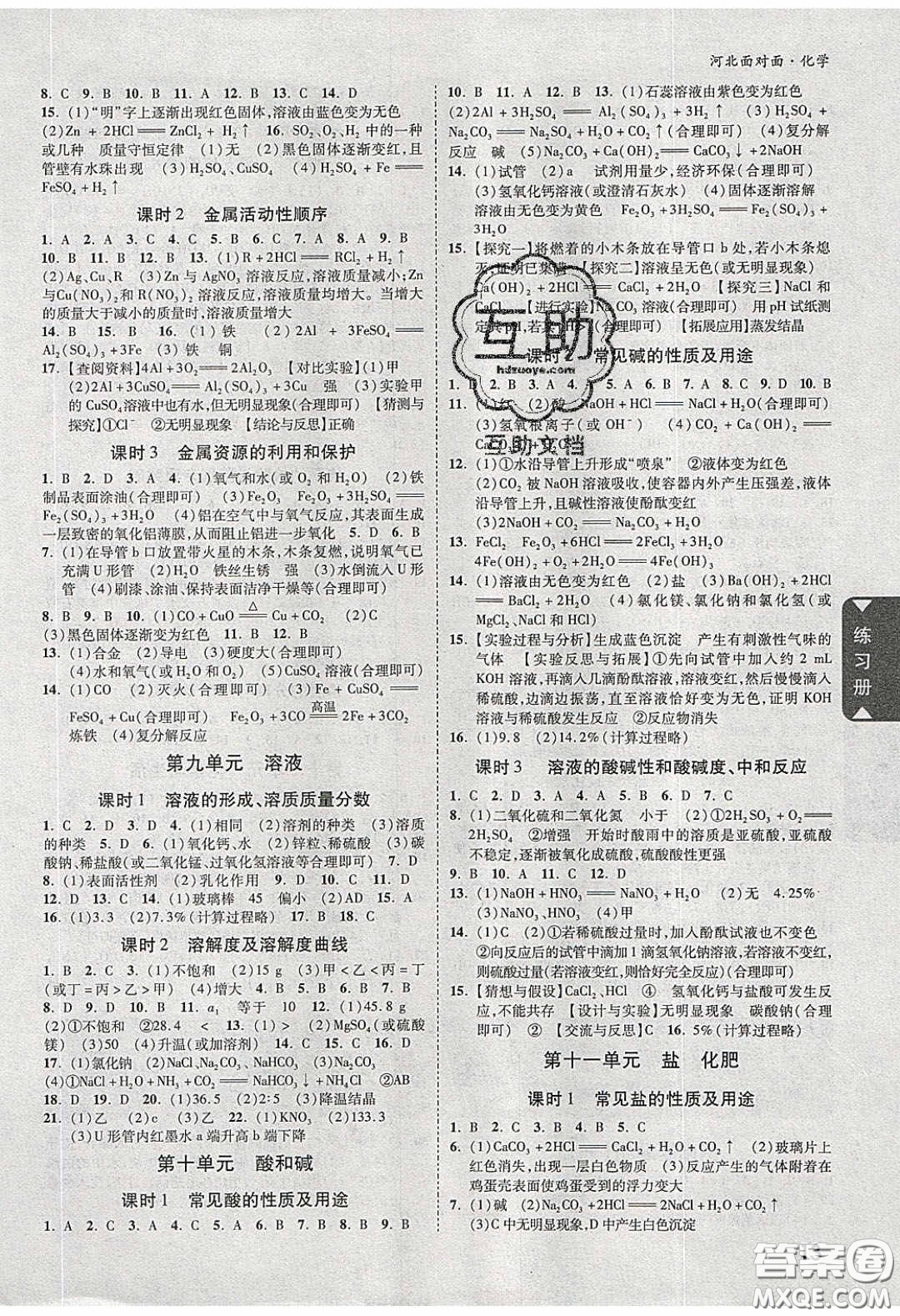 新疆青少年出版社2020年萬維河北中考面對面化學(xué)人教版答案