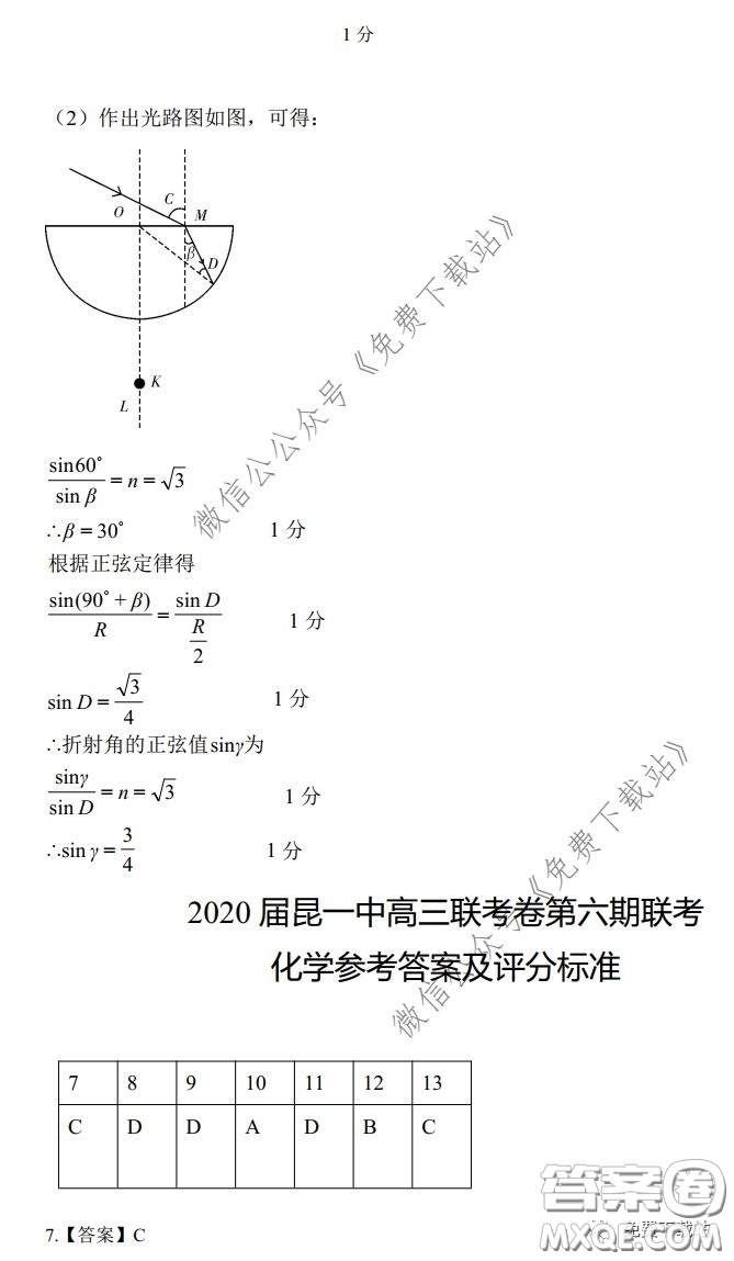 昆明第一中學(xué)2020屆高中新課標(biāo)高三第六次考前基礎(chǔ)強(qiáng)化理科綜合答案