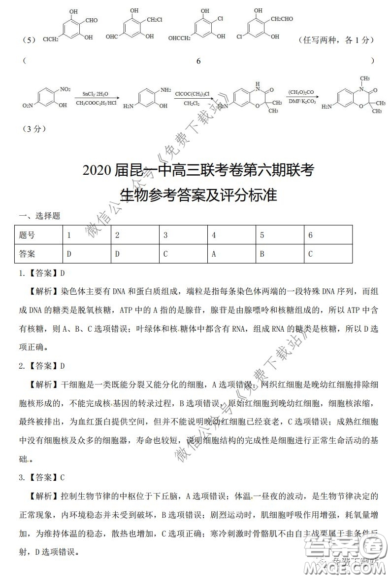 昆明第一中學(xué)2020屆高中新課標(biāo)高三第六次考前基礎(chǔ)強(qiáng)化理科綜合答案