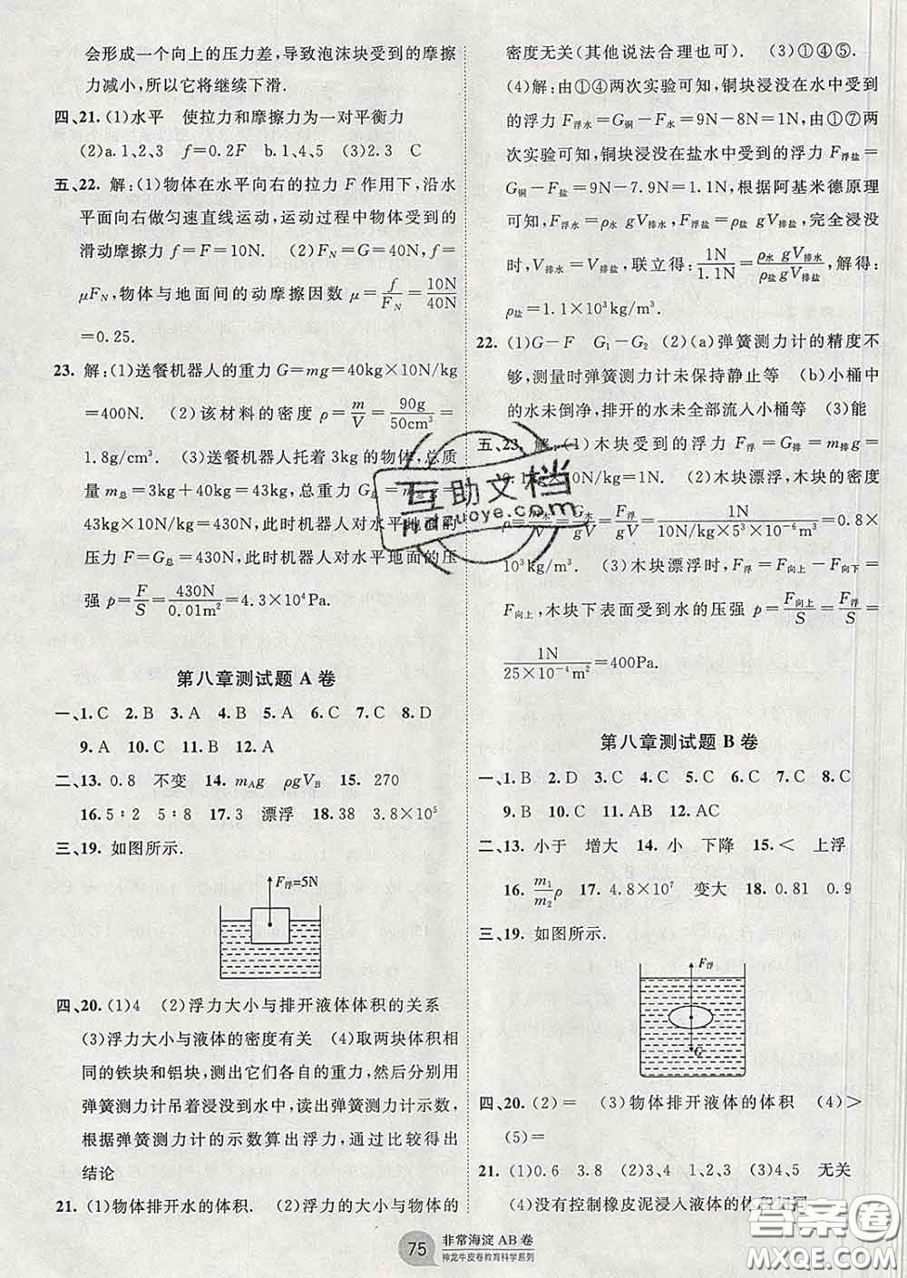 2020新版非常海淀單元測試AB卷八年級物理下冊魯科版答案