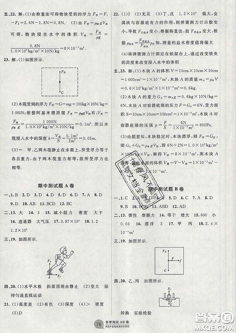 2020新版非常海淀單元測試AB卷八年級物理下冊魯科版答案