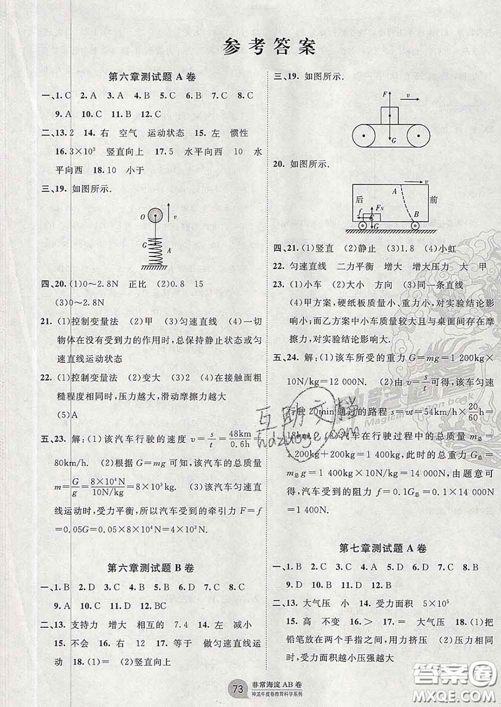 2020新版非常海淀單元測試AB卷八年級物理下冊魯科版答案