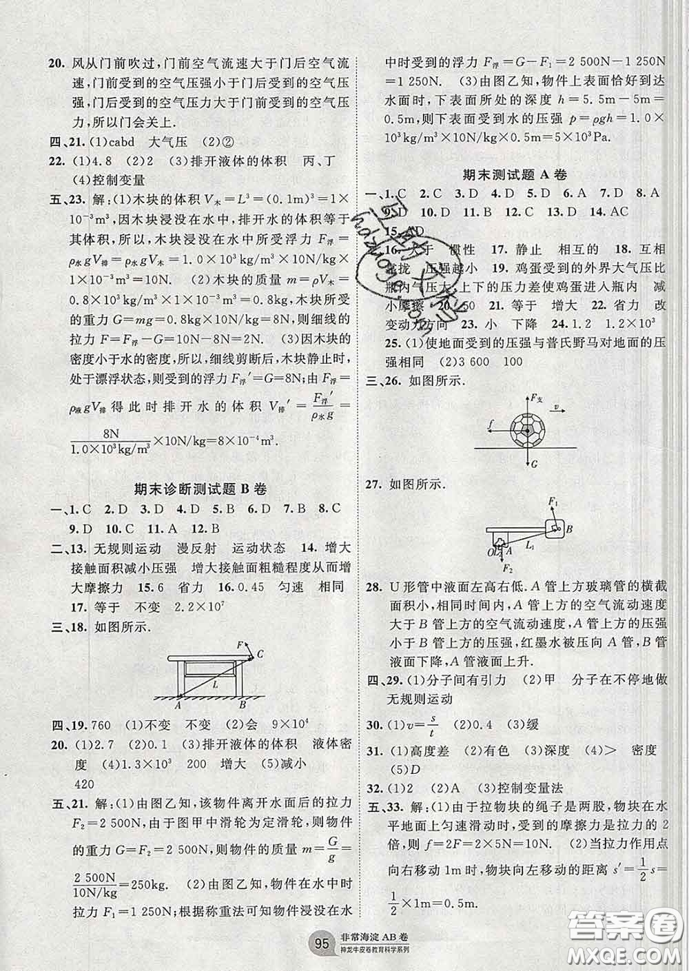 2020新版非常海淀單元測(cè)試AB卷八年級(jí)物理下冊(cè)滬粵版答案