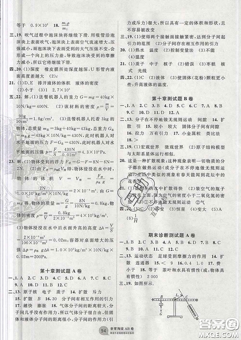 2020新版非常海淀單元測(cè)試AB卷八年級(jí)物理下冊(cè)滬粵版答案