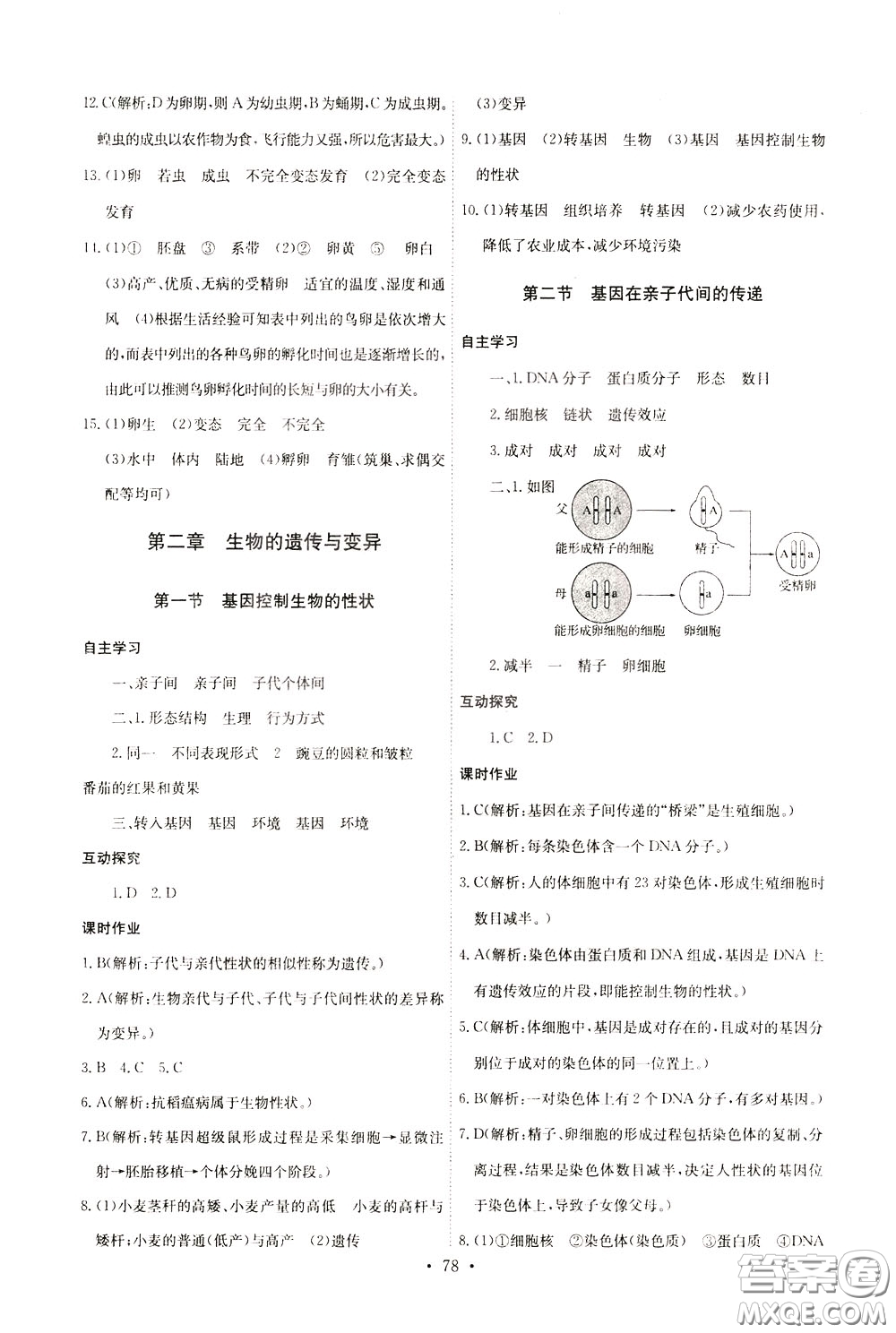 2020年長江全能學(xué)案同步練習(xí)冊生物學(xué)八年級下冊人教版參考答案