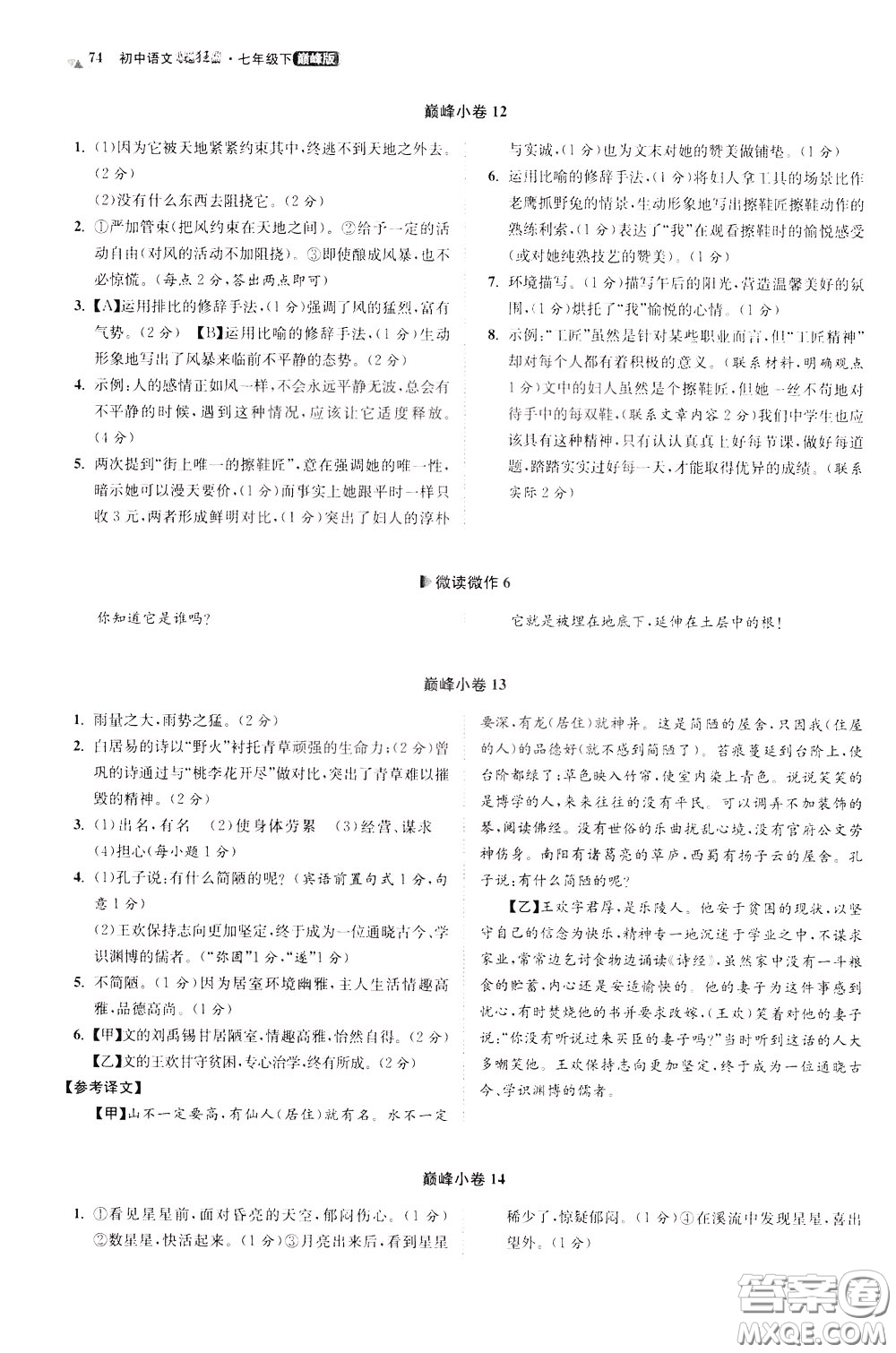 2020年初中語(yǔ)文小題狂做巔峰版七年級(jí)下冊(cè)參考答案