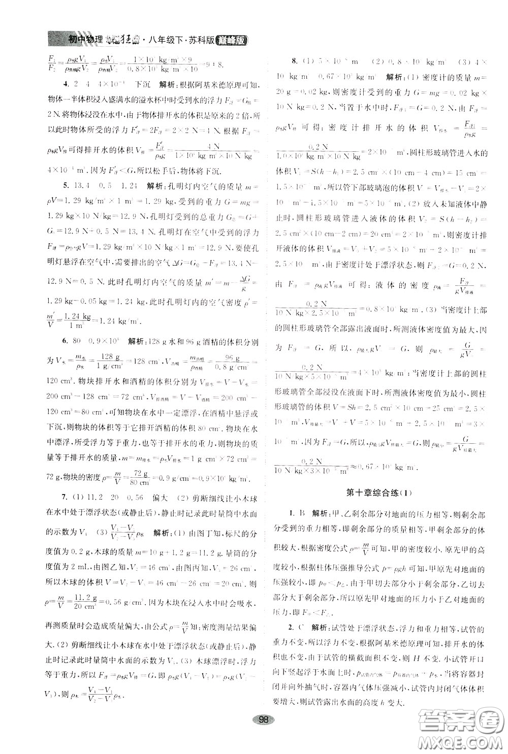 2020年初中物理小題狂做巔峰版八年級下冊蘇科版參考答案