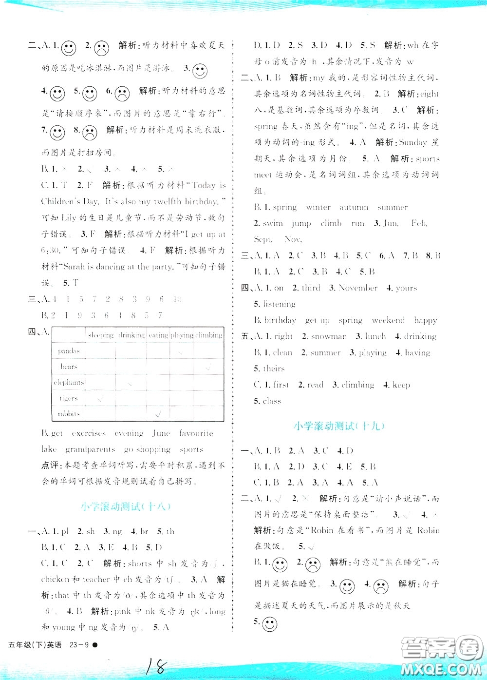 孟建平系列叢書2020年小學(xué)滾動(dòng)測試英語五年級下冊R人教版參考答案