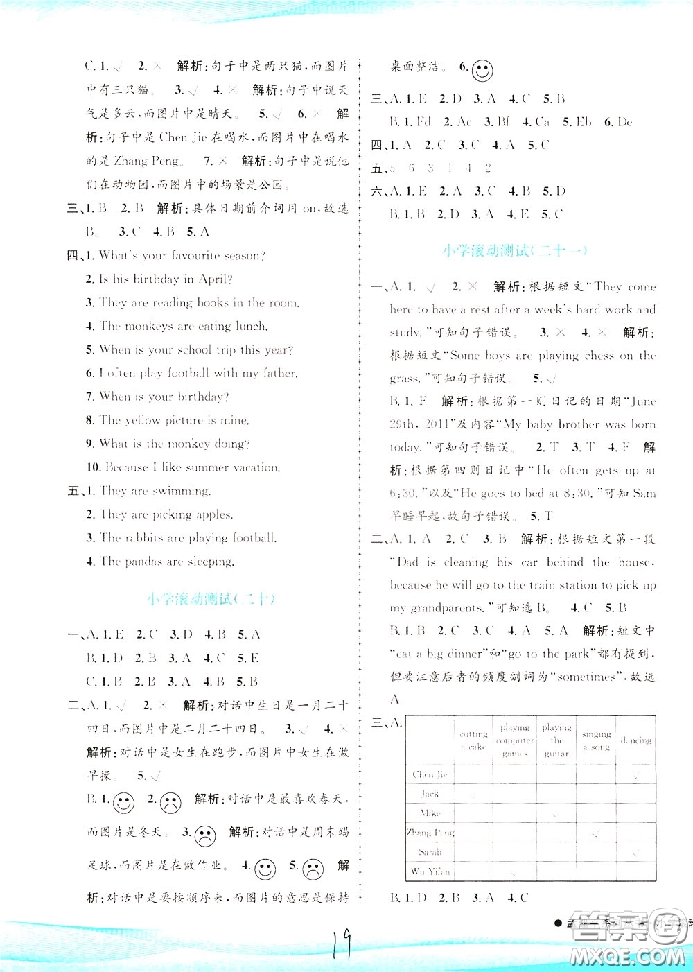 孟建平系列叢書2020年小學(xué)滾動(dòng)測試英語五年級下冊R人教版參考答案