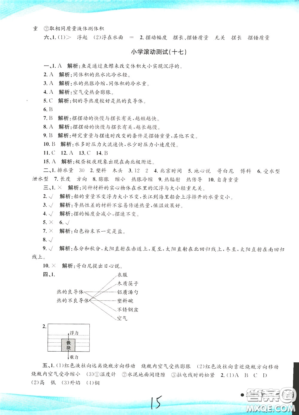 孟建平系列叢書2020年小學(xué)滾動(dòng)測(cè)試科學(xué)五年級(jí)下冊(cè)J教科版參考答案