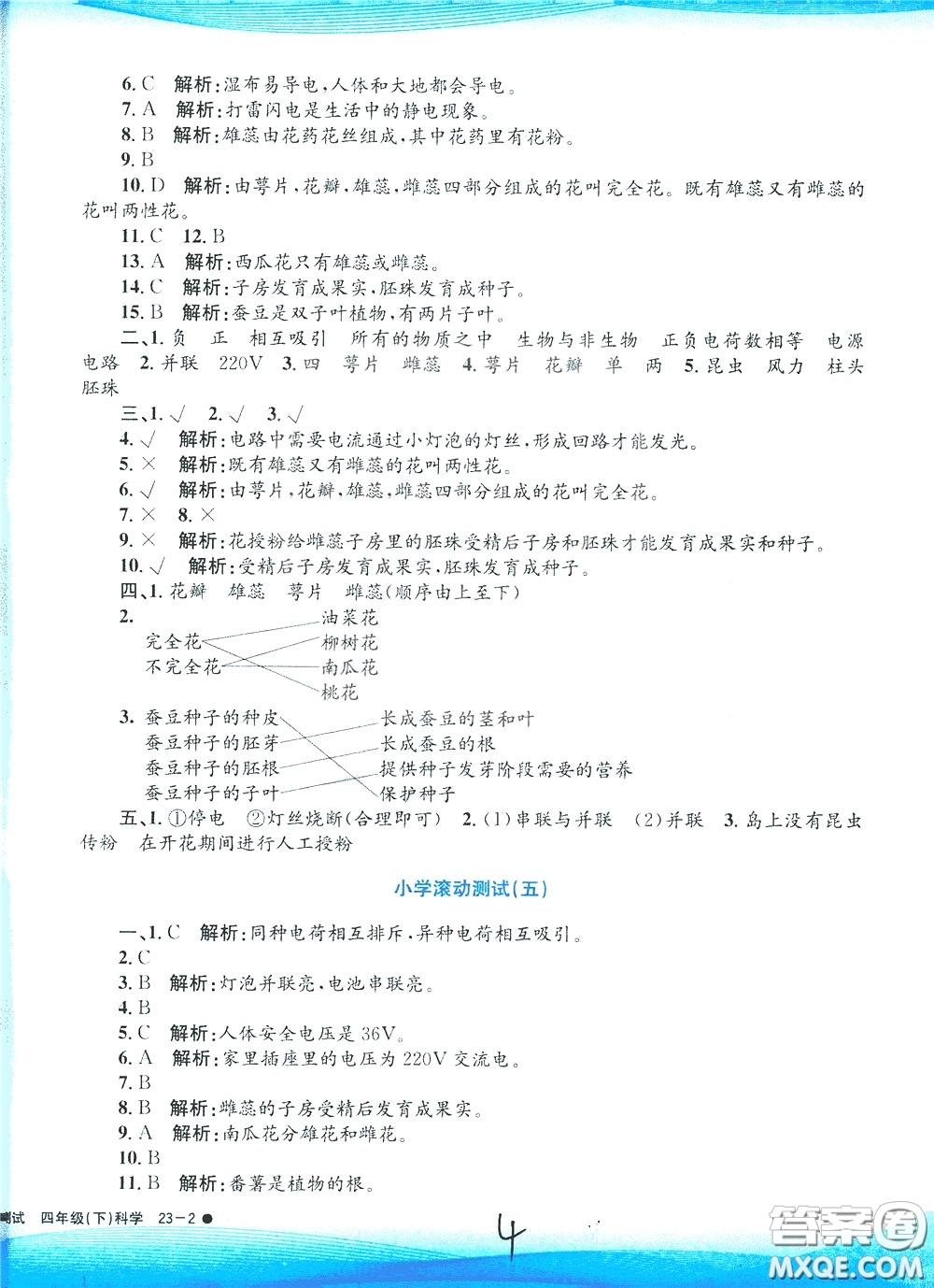 孟建平系列叢書2020年小學(xué)滾動(dòng)測(cè)試科學(xué)四年級(jí)下冊(cè)J教科版參考答案