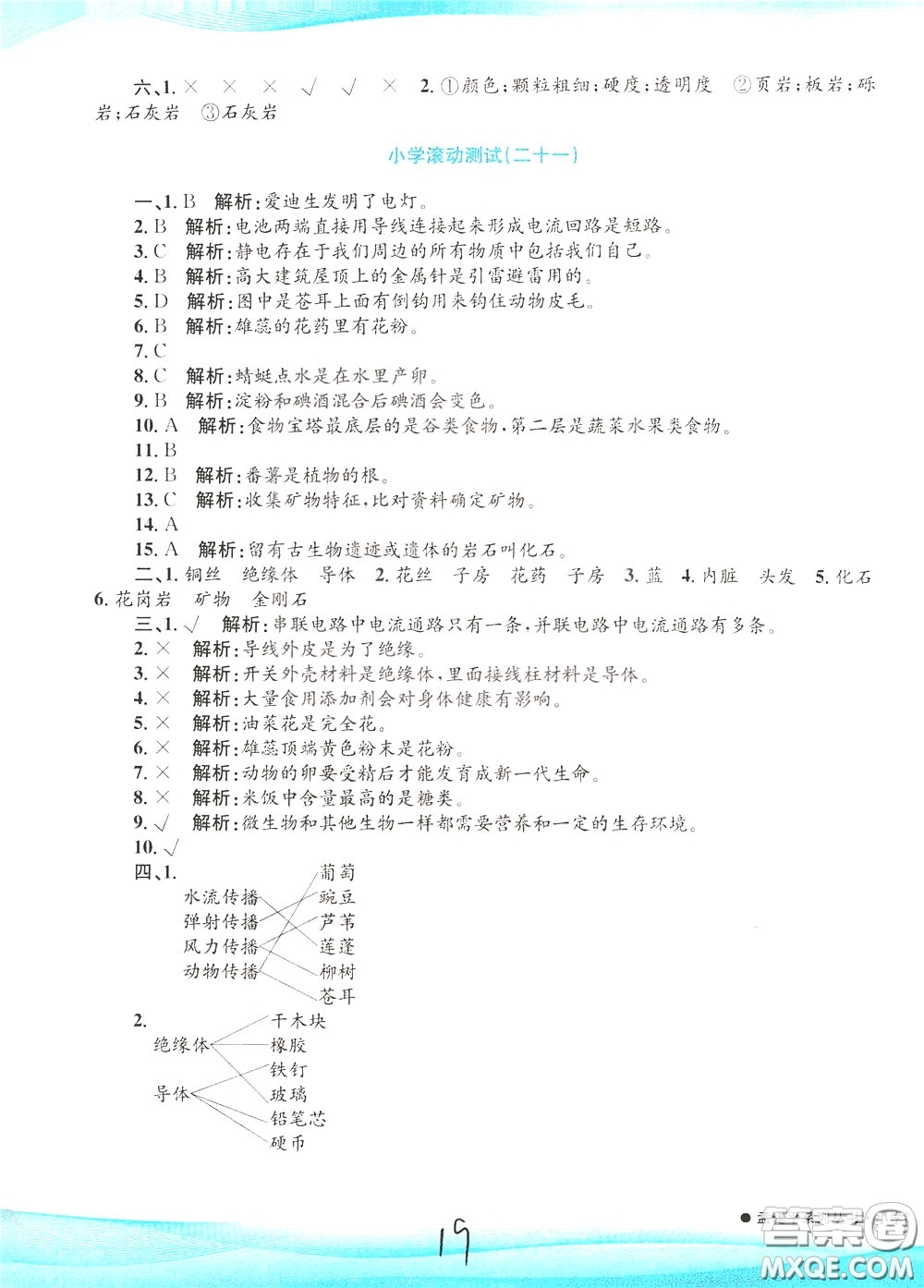 孟建平系列叢書2020年小學(xué)滾動(dòng)測(cè)試科學(xué)四年級(jí)下冊(cè)J教科版參考答案