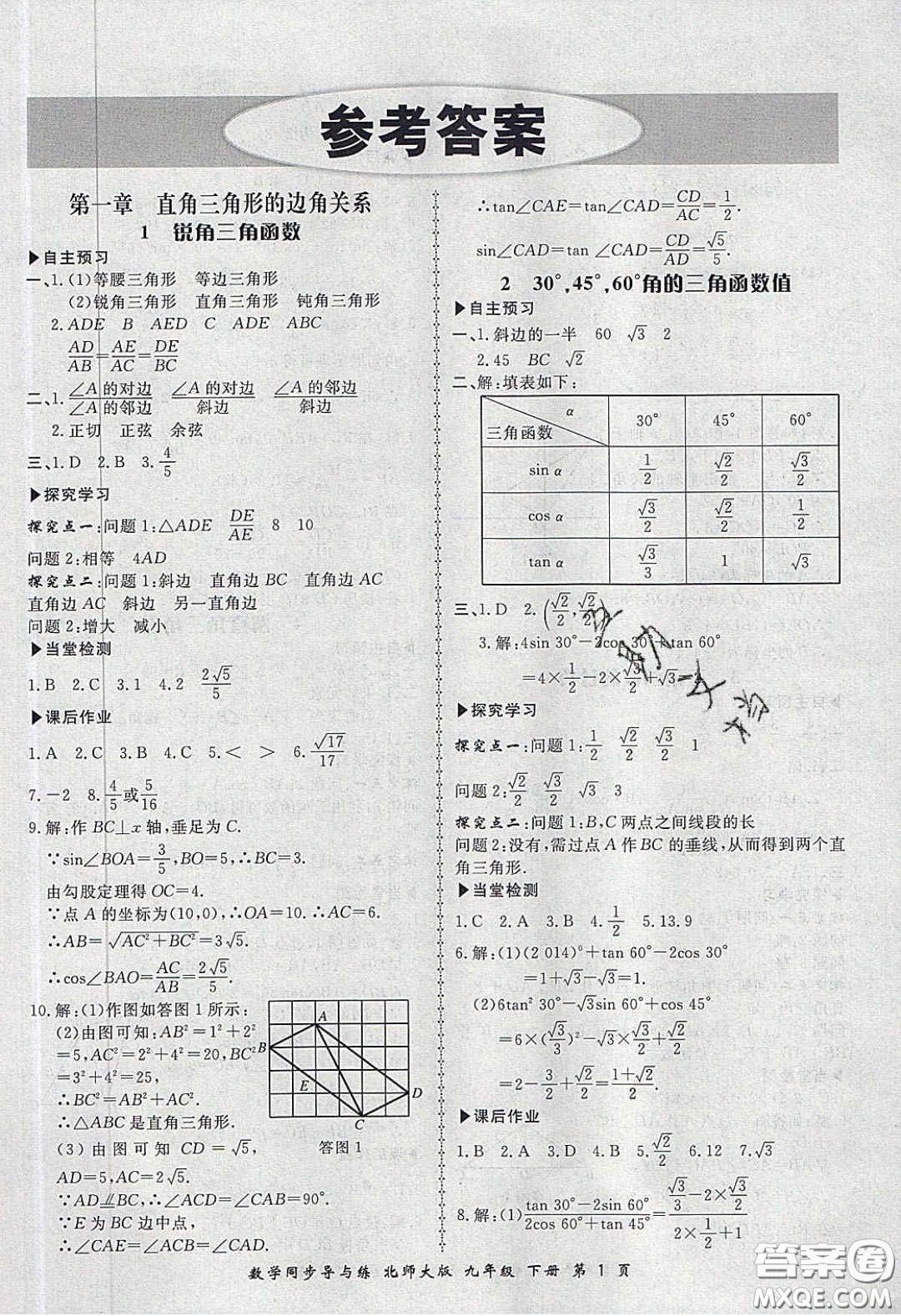 鄭州大學(xué)出版社2020新學(xué)案同步導(dǎo)與練數(shù)學(xué)九年級(jí)下冊(cè)北師大版答案