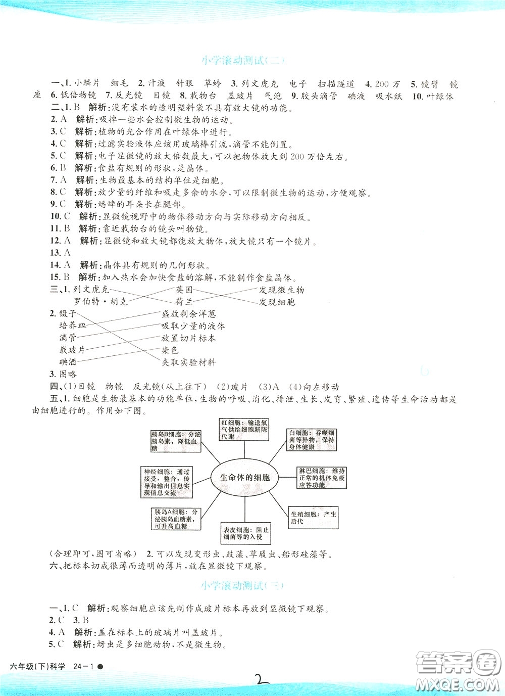 孟建平系列叢書2020年小學滾動測試科學六年級下冊J教科版參考答案