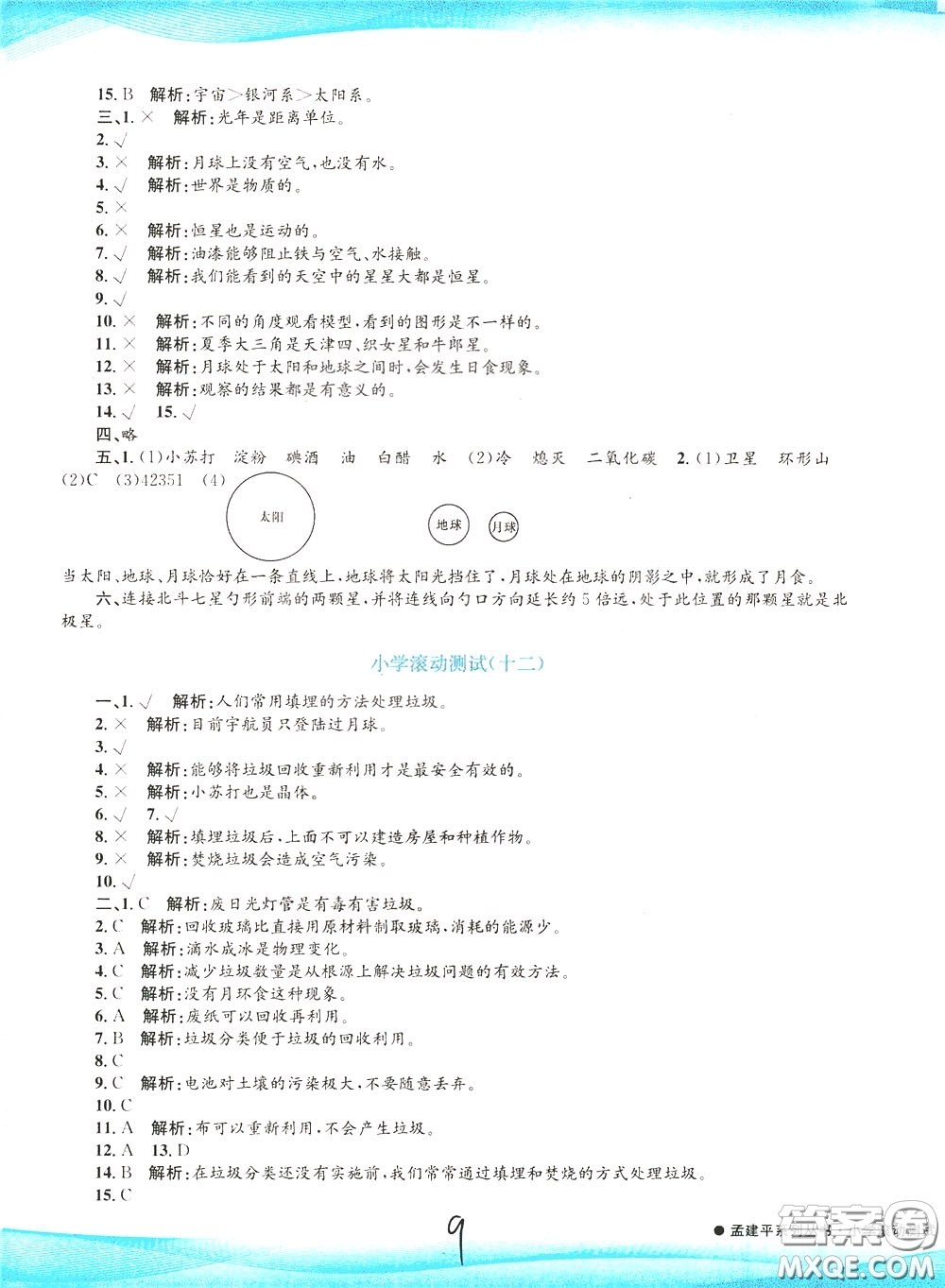 孟建平系列叢書2020年小學滾動測試科學六年級下冊J教科版參考答案