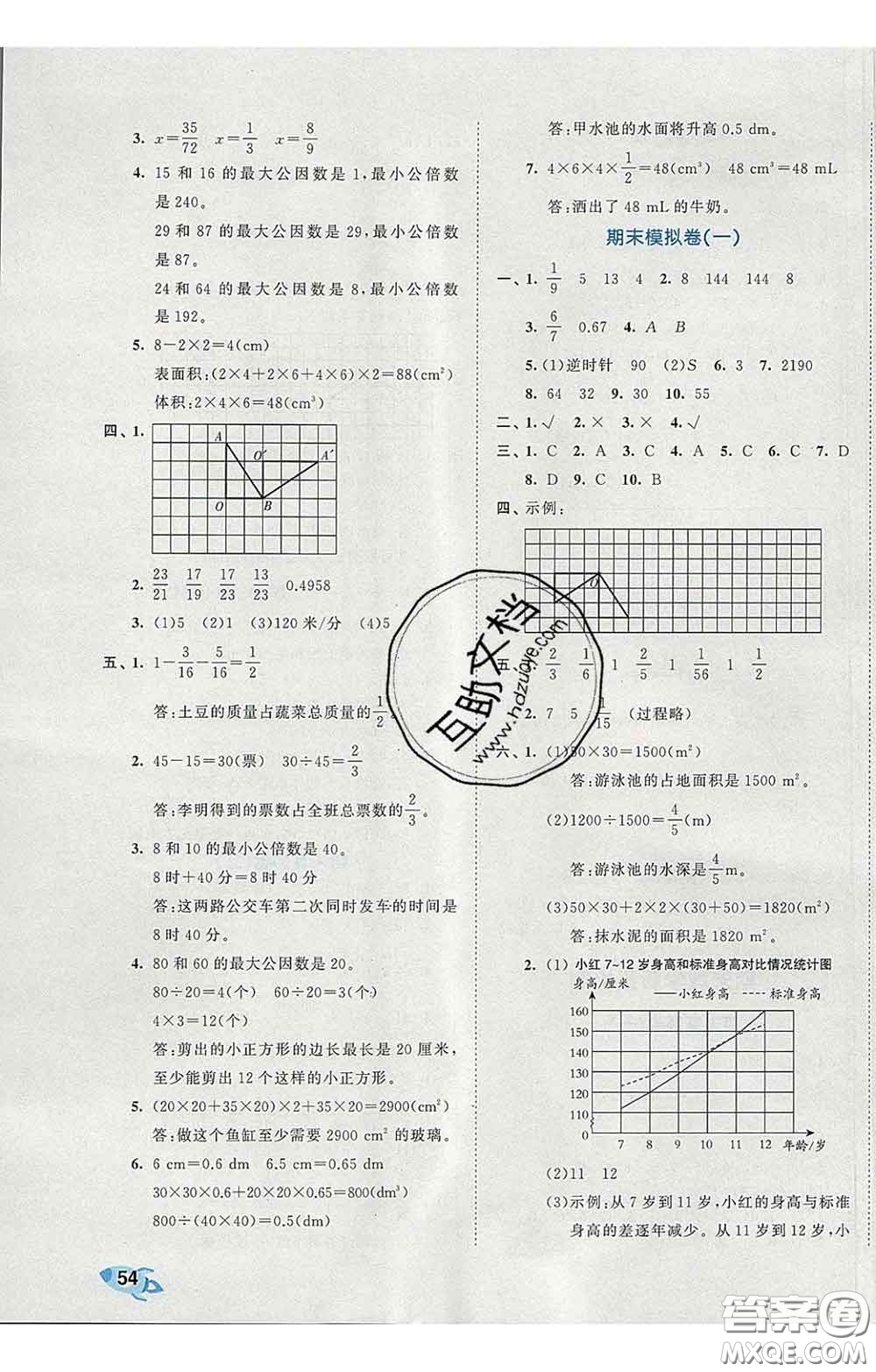 西安出版社2020新版53全優(yōu)卷五年級數(shù)學(xué)下冊人教版答案