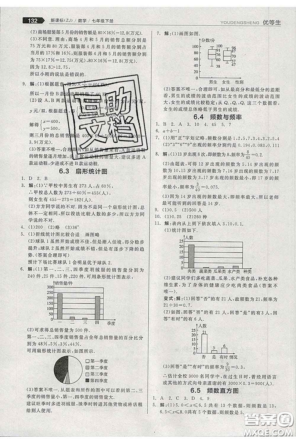 陽光出版社2020春全品優(yōu)等生七年級數(shù)學下冊浙教版答案