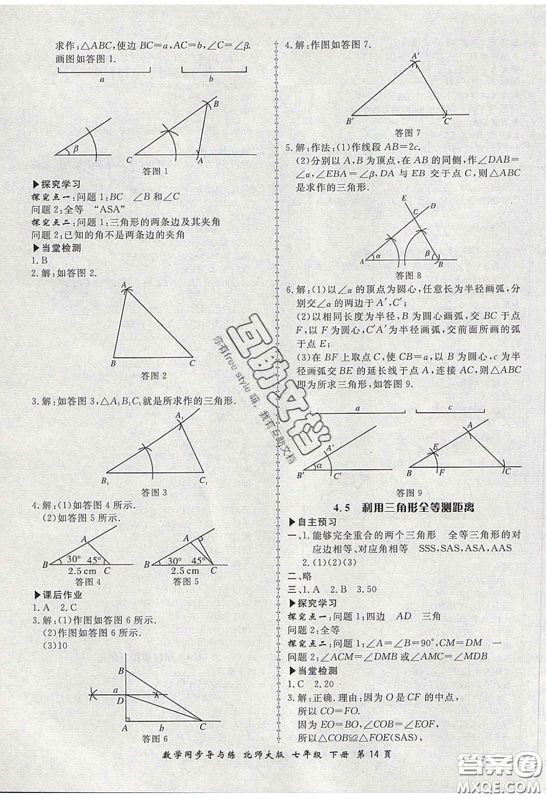 鄭州大學(xué)出版社2020新學(xué)案同步導(dǎo)與練數(shù)學(xué)七年級下冊北師大版答案