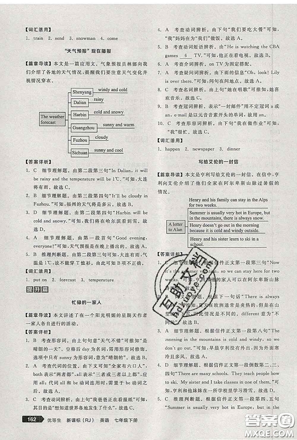 陽光出版社2020春全品優(yōu)等生七年級英語下冊人教版答案