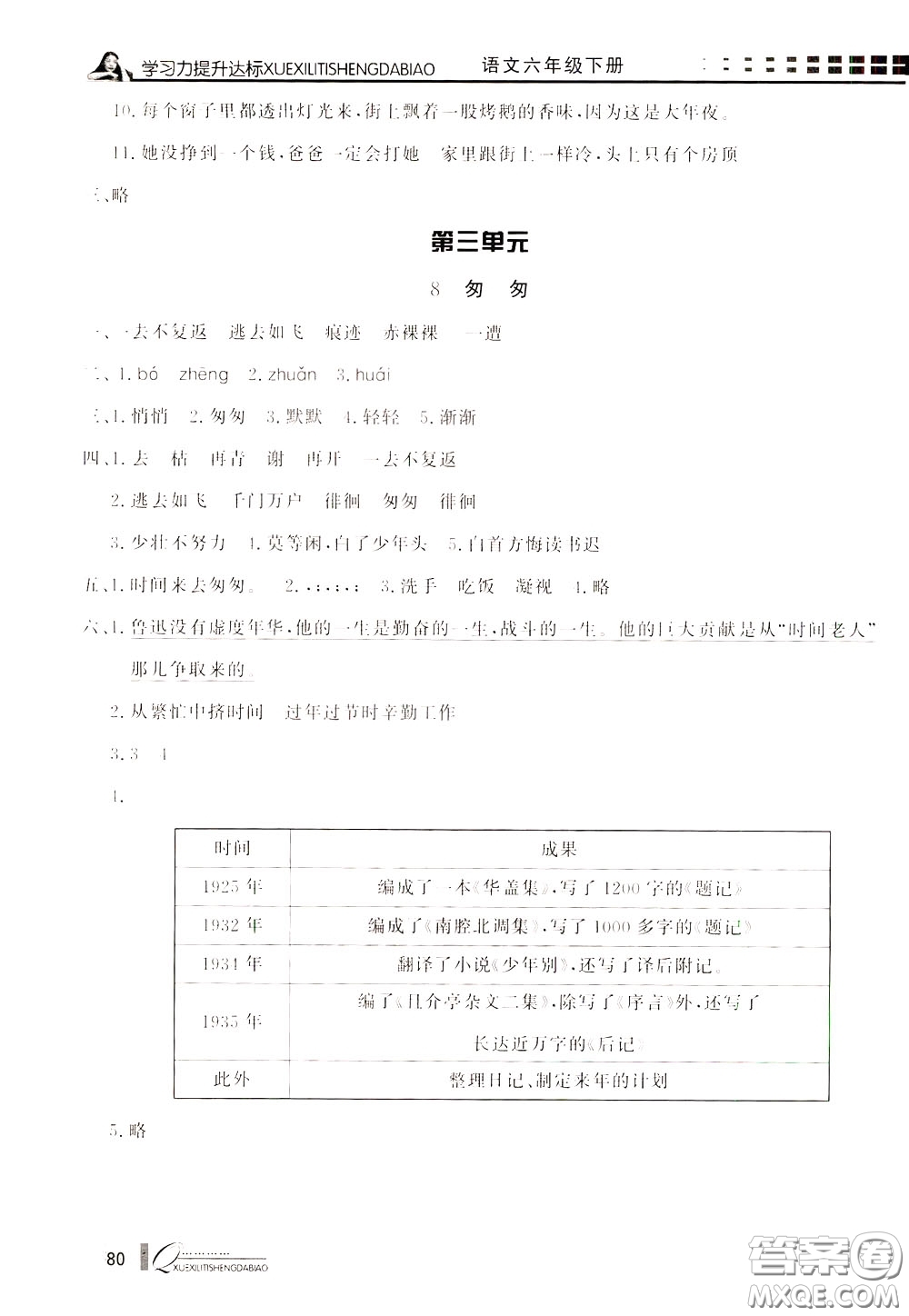 花山小狀元2020年學(xué)習(xí)力提升達(dá)標(biāo)語文六年級下冊參考答案