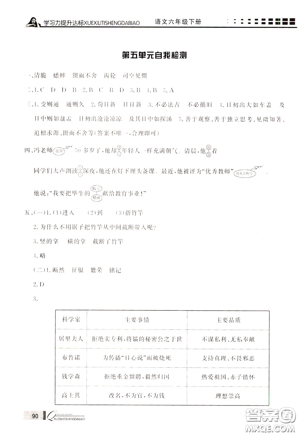 花山小狀元2020年學(xué)習(xí)力提升達(dá)標(biāo)語文六年級下冊參考答案