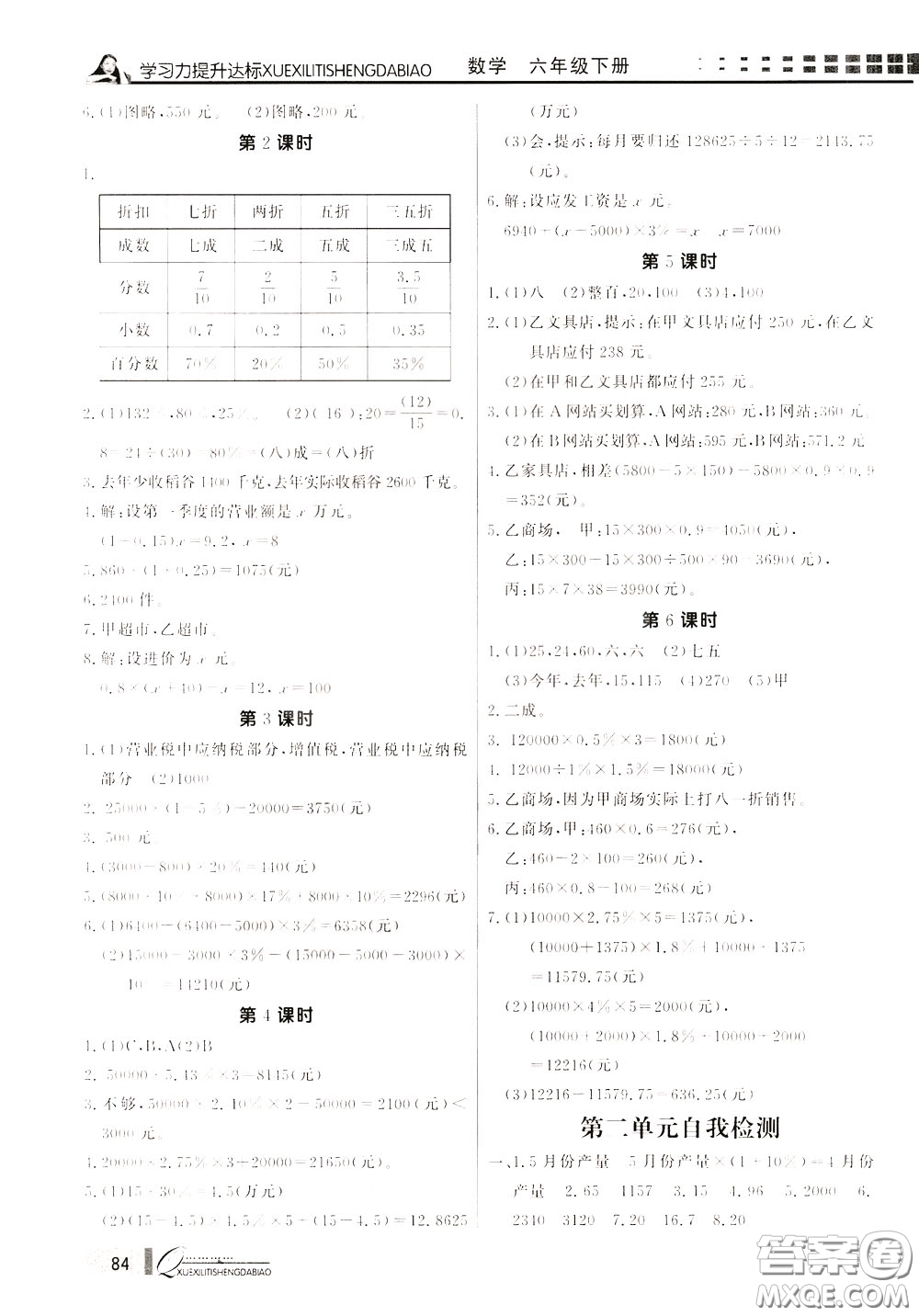 花山小狀元2020年學(xué)習(xí)力提升達(dá)標(biāo)數(shù)學(xué)六年級下冊參考答案