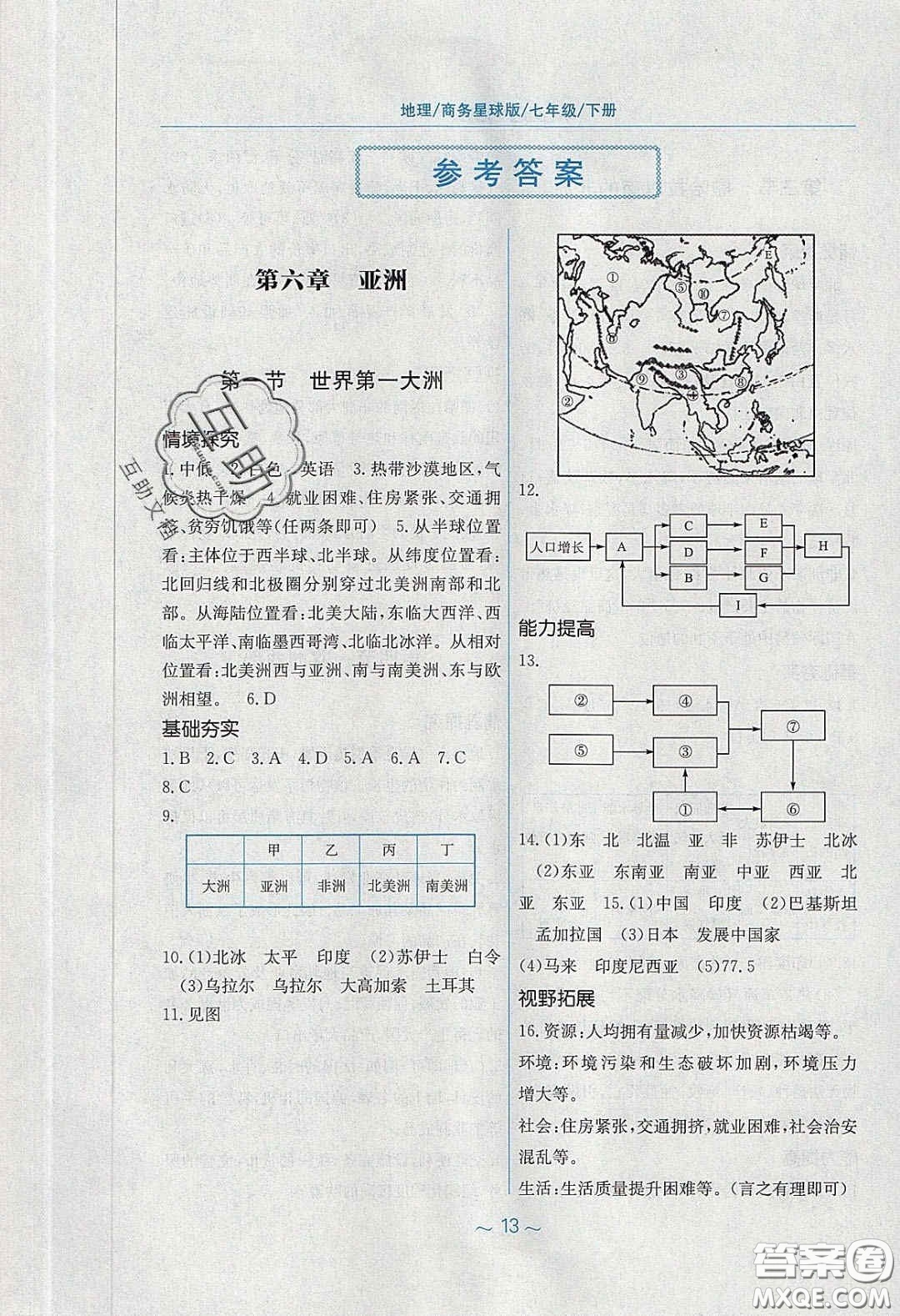 2020年新編基礎(chǔ)訓(xùn)練七年級(jí)地理下冊商務(wù)星球版答案