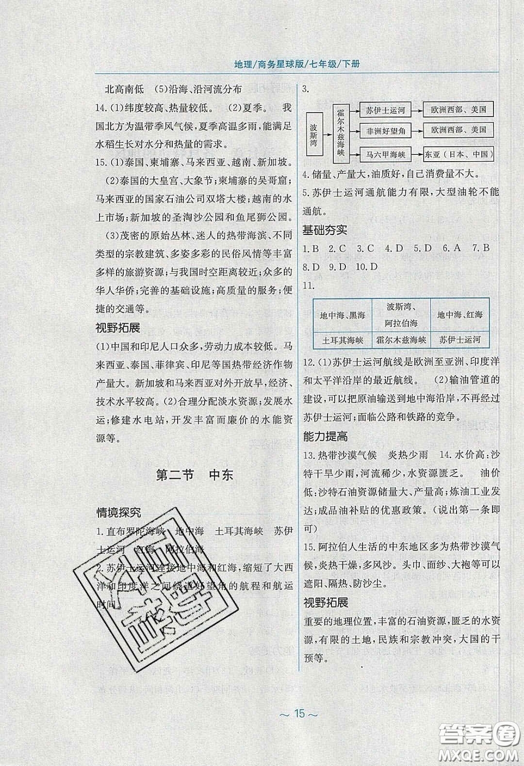 2020年新編基礎(chǔ)訓(xùn)練七年級(jí)地理下冊商務(wù)星球版答案