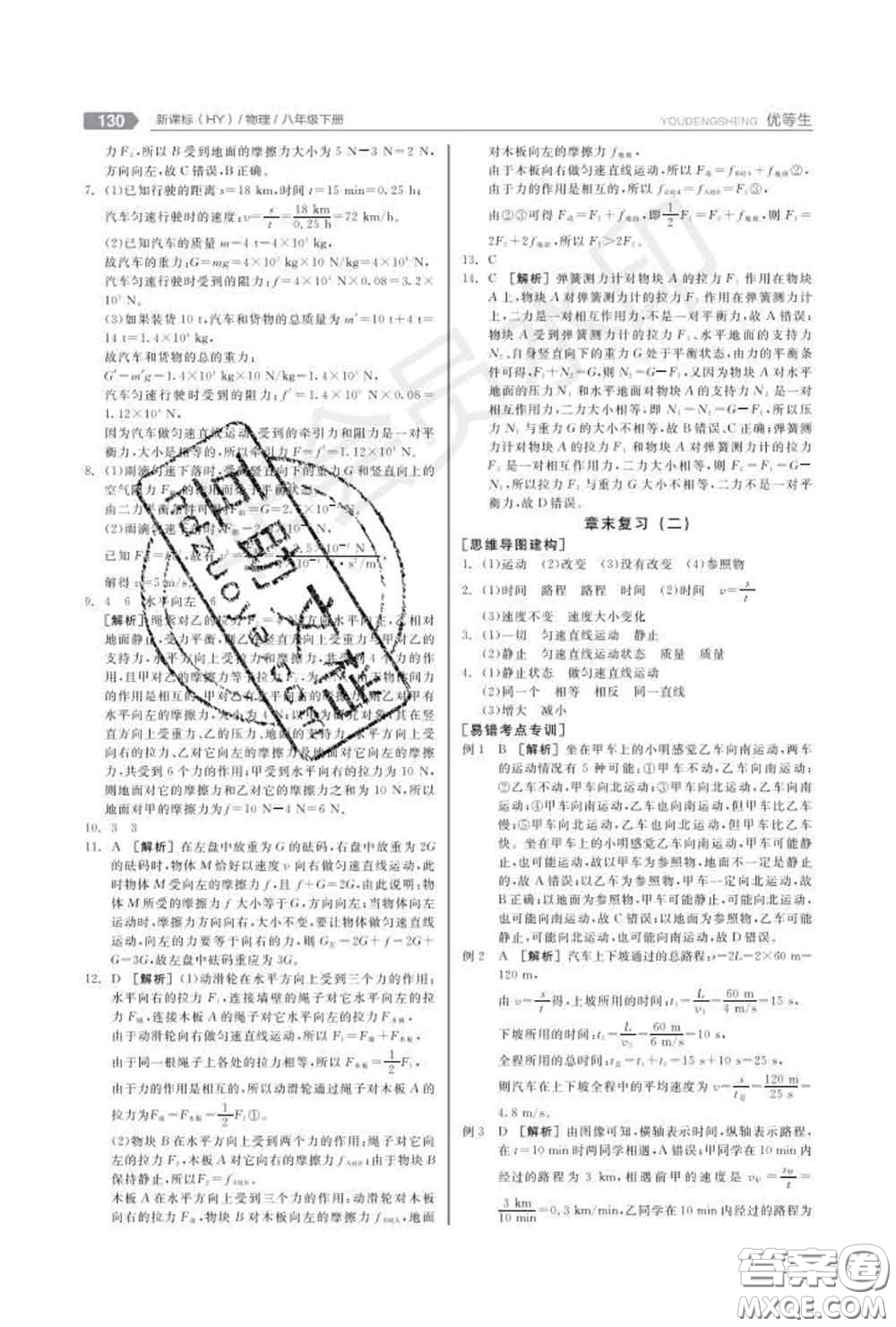 陽光出版社2020春全品優(yōu)等生八年級物理下冊滬粵版答案