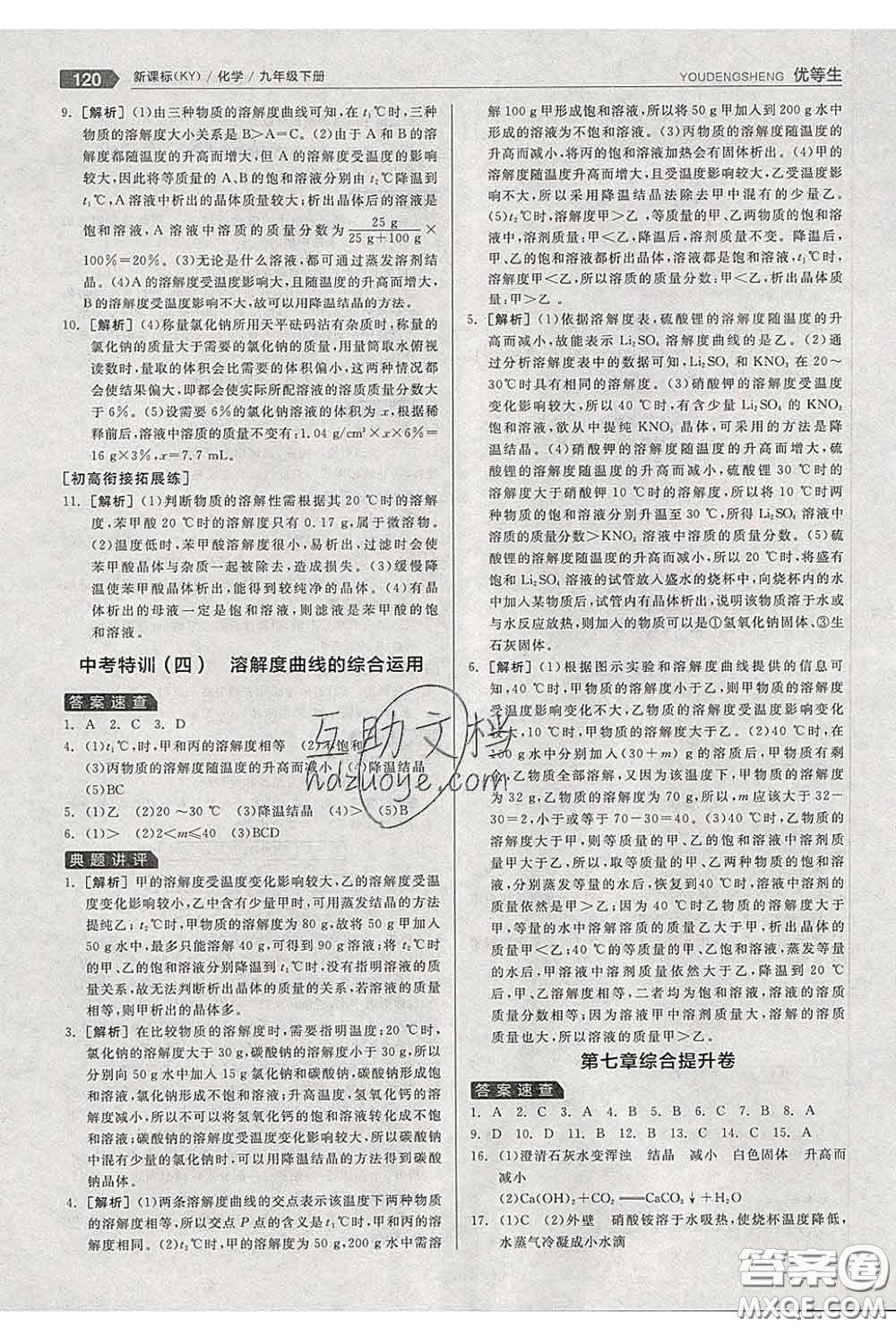 陽光出版社2020春全品優(yōu)等生九年級化學(xué)下冊科粵版答案