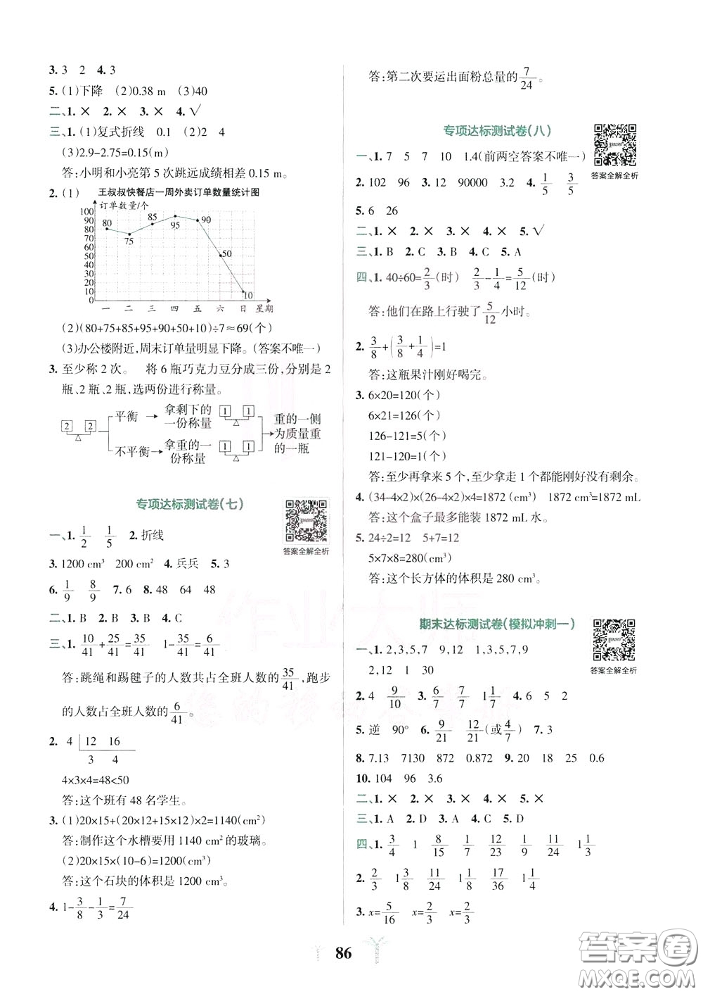 2020年小學(xué)學(xué)霸沖A卷數(shù)學(xué)五年級(jí)下冊(cè)RJ版人教版參考答案