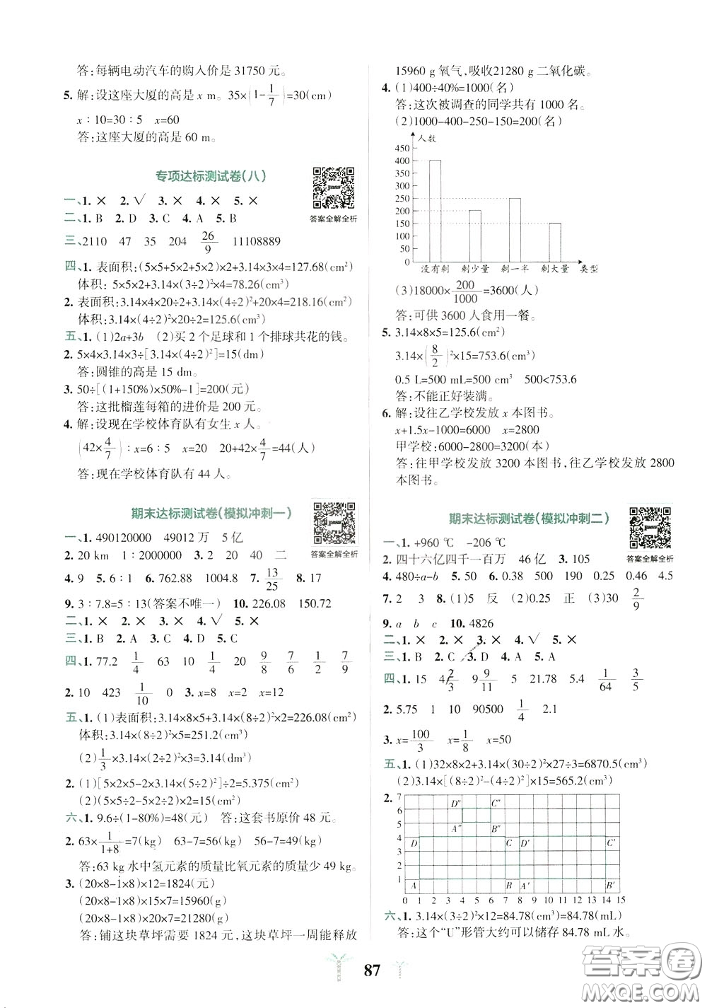 2020年小學(xué)學(xué)霸沖A卷數(shù)學(xué)六年級下冊RJ版人教版參考答案