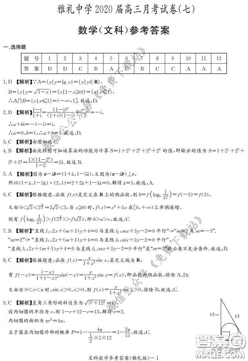 炎德英才大聯(lián)考雅禮中學2020屆高三月考試卷七文科數學試題及答案