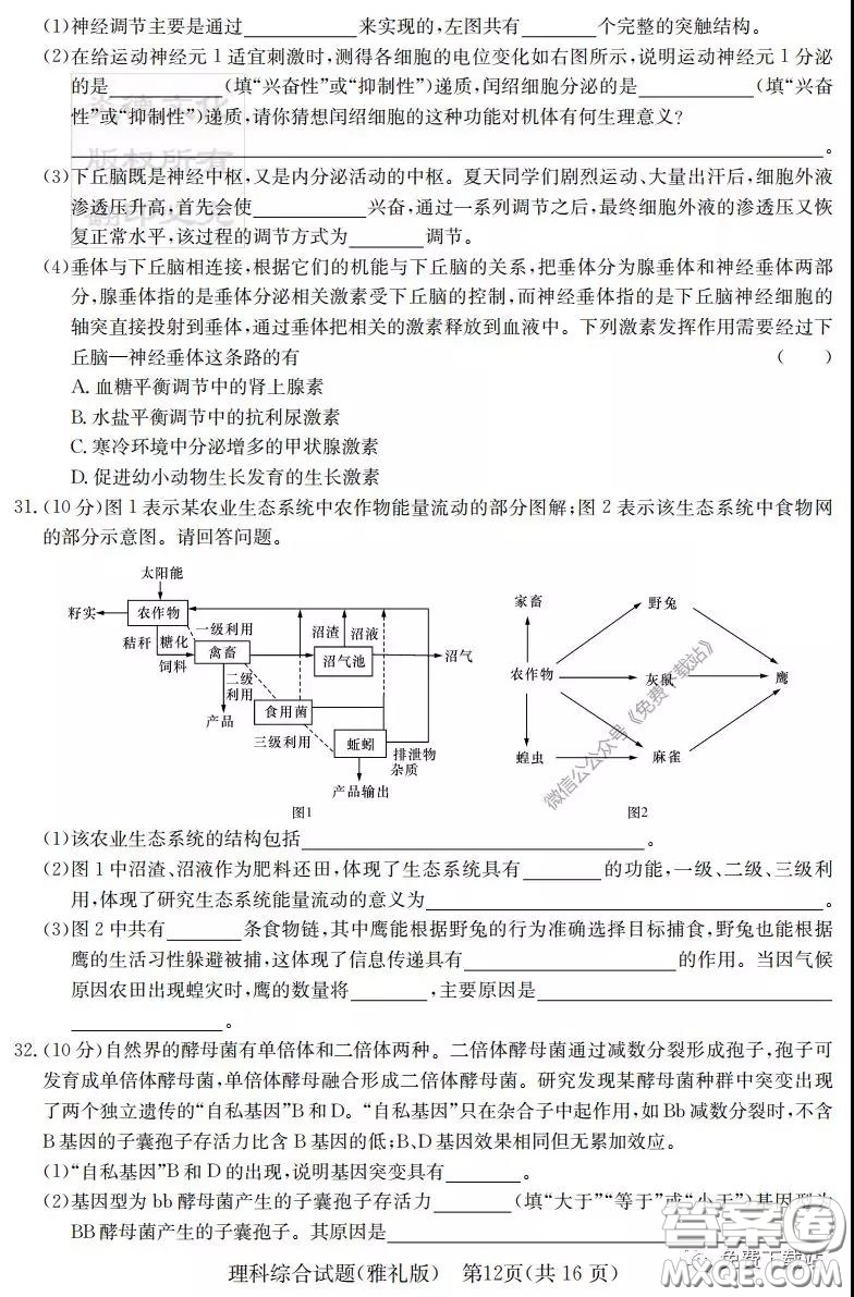 炎德英才大聯(lián)考雅禮中學2020屆高三月考試卷七理科綜合試題及答案