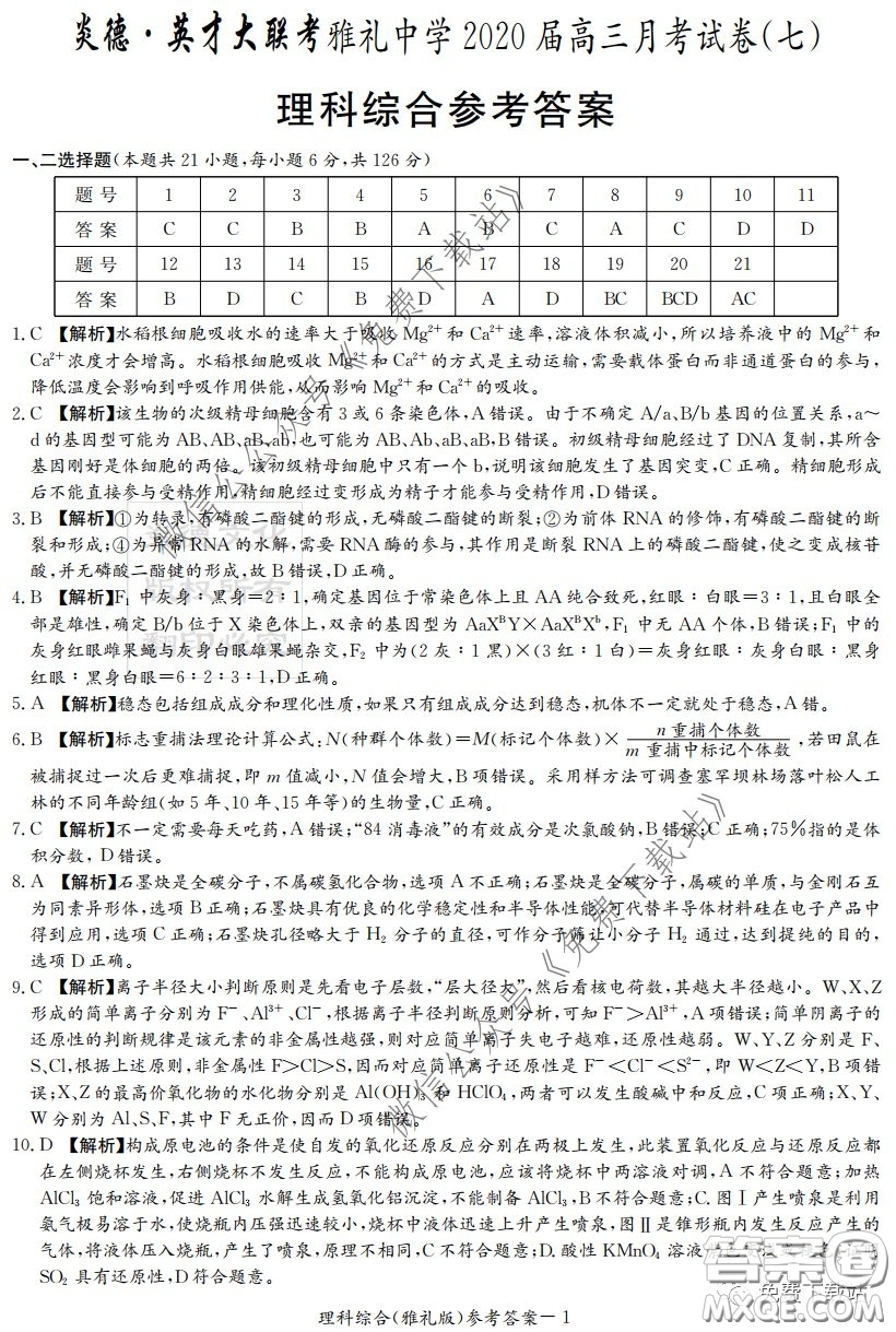 炎德英才大聯(lián)考雅禮中學2020屆高三月考試卷七理科綜合試題及答案