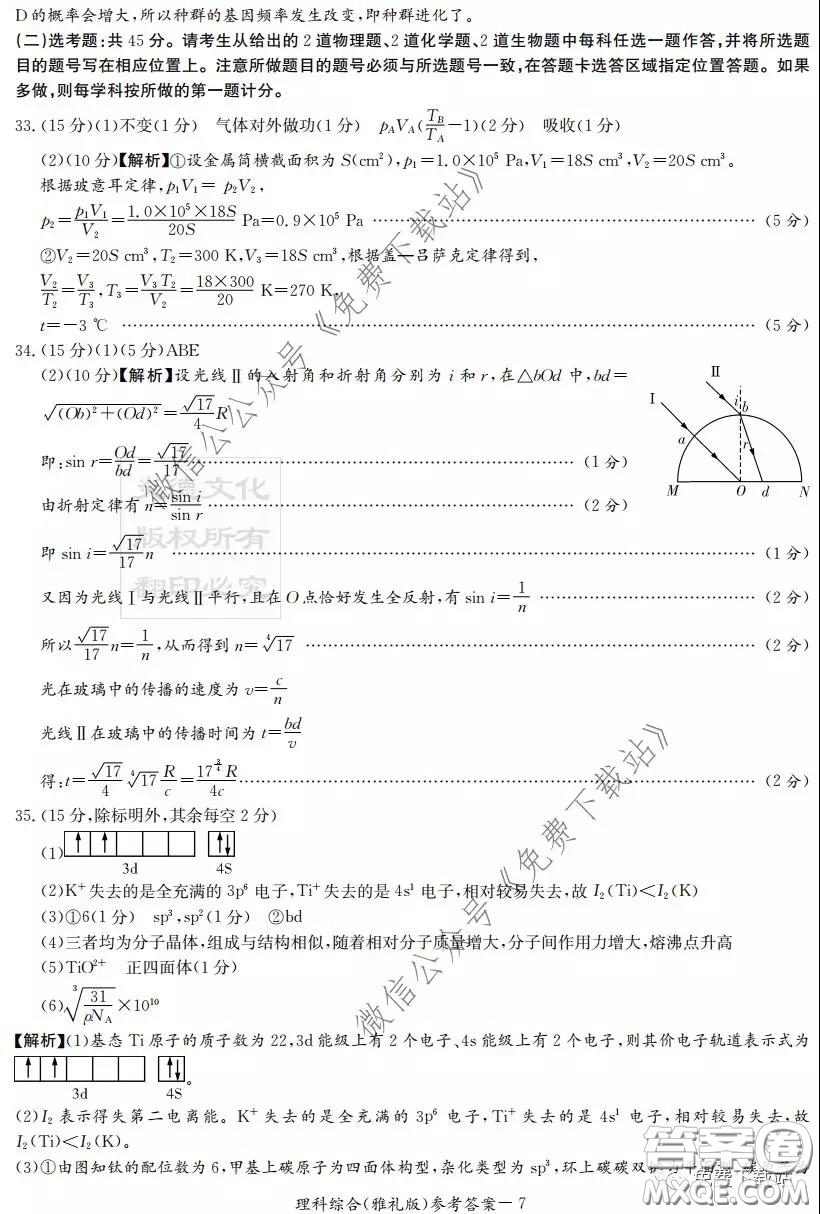 炎德英才大聯(lián)考雅禮中學2020屆高三月考試卷七理科綜合試題及答案