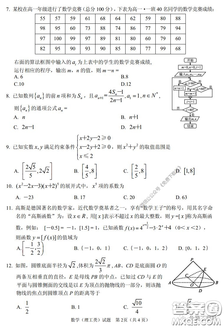 眉山市高中2017級第二次診斷性考試數(shù)學(xué)理工類試題及答案