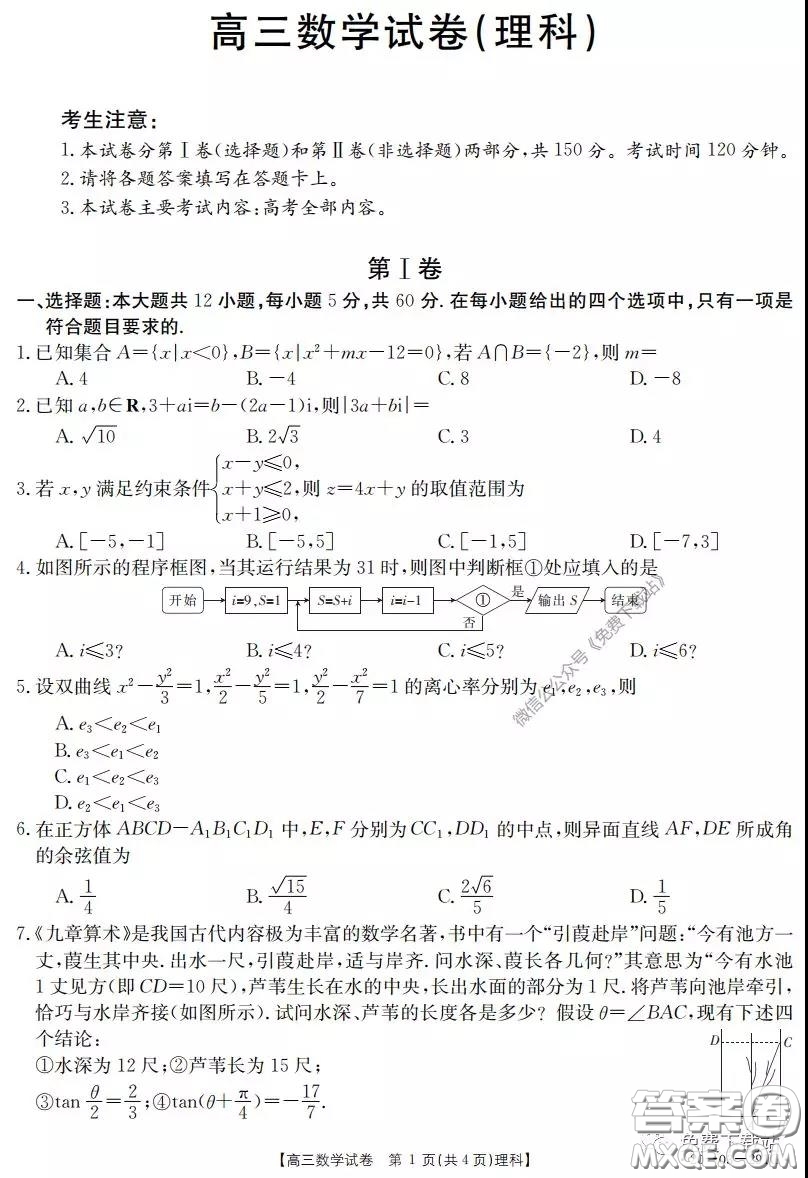 2020屆湖南金太陽(yáng)高三3月聯(lián)考理科數(shù)學(xué)試題及答案