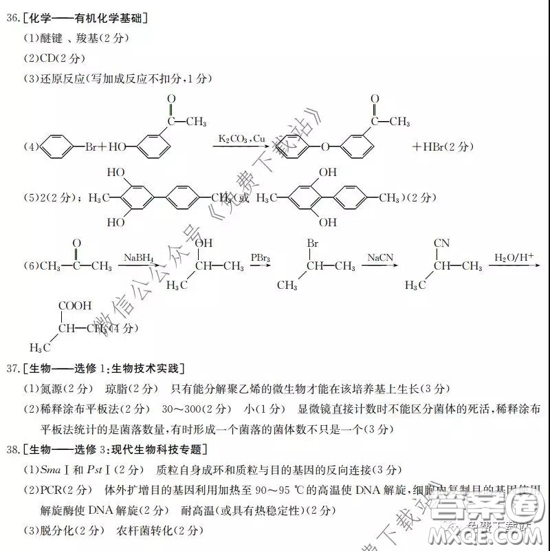 2020屆陜西甘肅金太陽高三3月聯(lián)考理科綜合答案